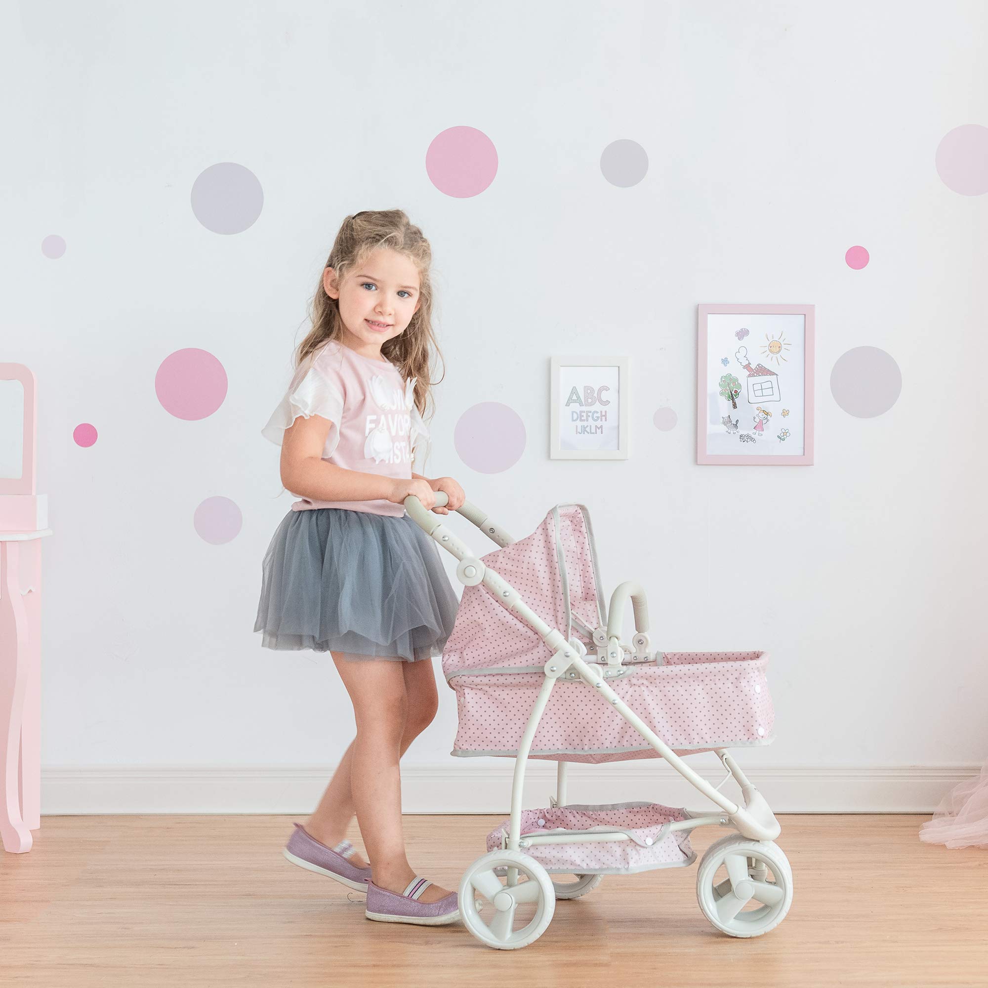 Olivia's Little World - 2-in-1 Baby Doll Bassinet & Stroller for Toddlers, Pink/Gray Princess Doll Pram - Perfect for Imaginative Play, Gift for 5 Year Old Girls, Indoor & Outdoor Use