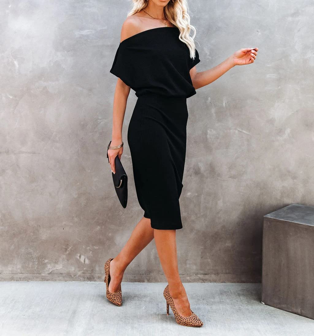 Ezbelle Women's 2025 Summer Off Shoulder Short Sleeve Ribbed Bodycon Midi Dress - Casual Party Wear, Beach Vacation, Date Night & Club Outfit