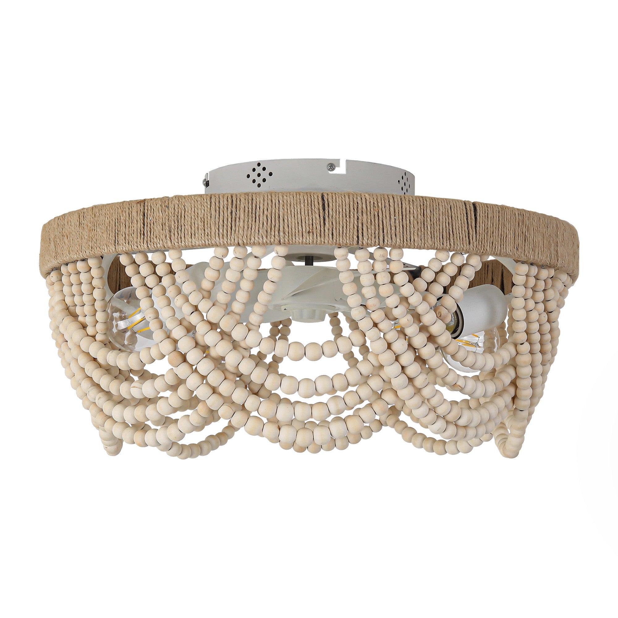 20 Inch White Farmhouse Wooden Beads Flush Mount Ceiling Fan with APP Remote Control & LED Light - Perfect for Bedroom, Living Room, and Kitchen Decoration
