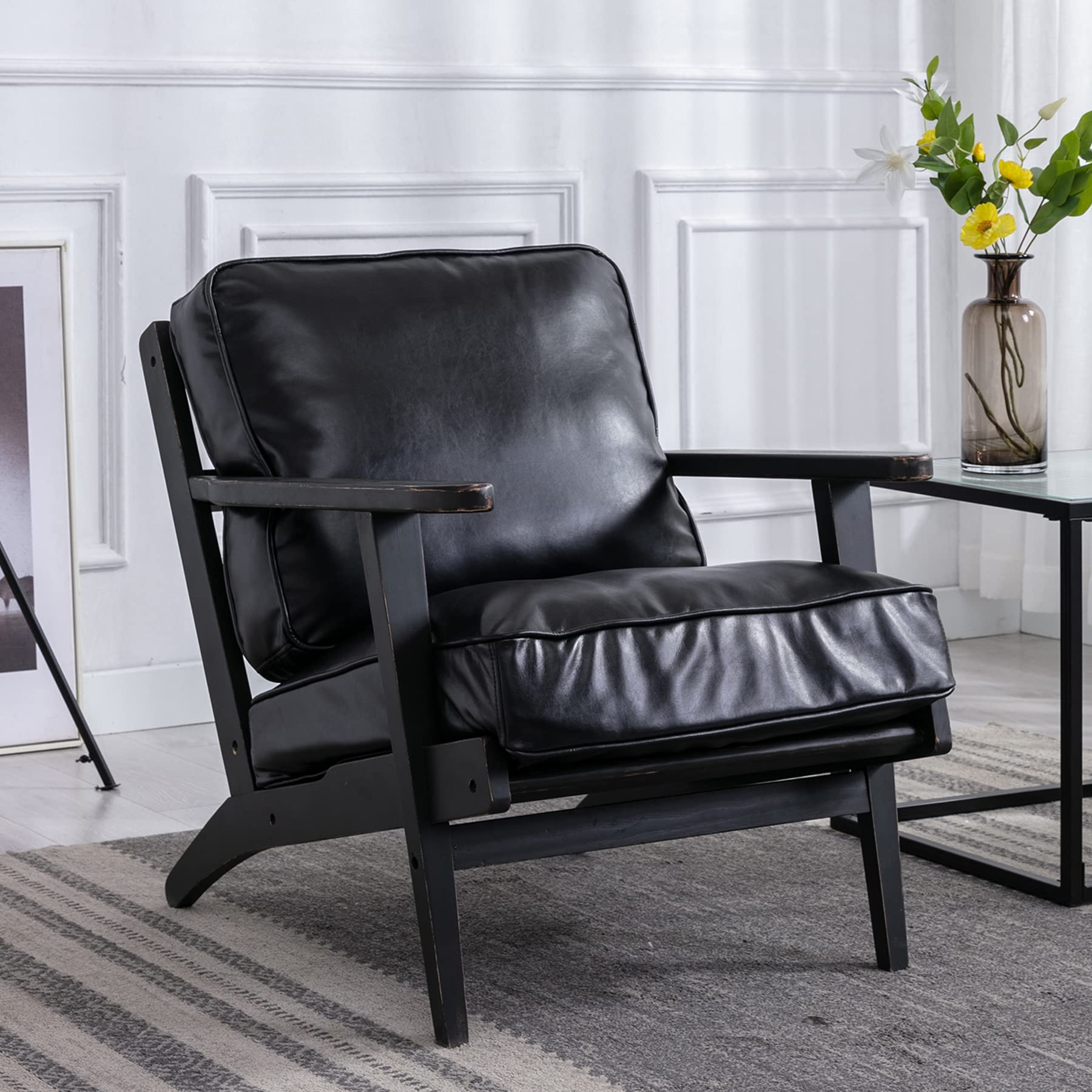 Mid Century Modern Faux Leather Accent Chair - Danish Style Lounge Armchair with Wood Frame & Cushions - Comfortable Reading Recliner for Living Room, Bedroom & Home Office - Black