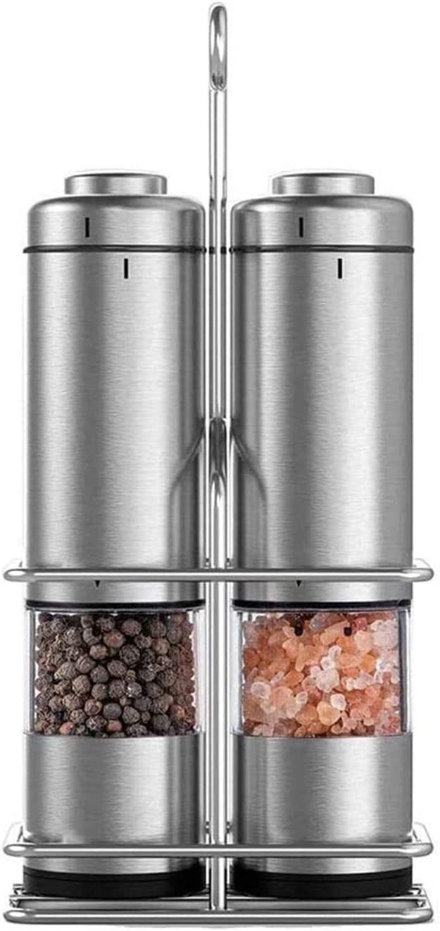 Electric Salt and Pepper Grinder Set - Battery Operated Stainless Steel Mills (2-Pack) - Adjustable Coarseness Ceramic Grinders with Stand - Perfect for Kitchen, Dining Table & Outdoor BBQ