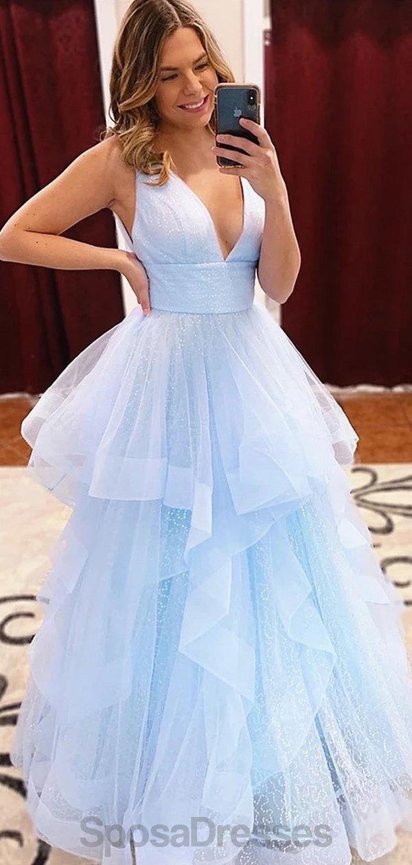 Elegant Light Blue V-Neck Ball Gown Long Evening Prom Dress for Women - Perfect for Formal Events, Homecoming, Wedding Guest & Special Occasions