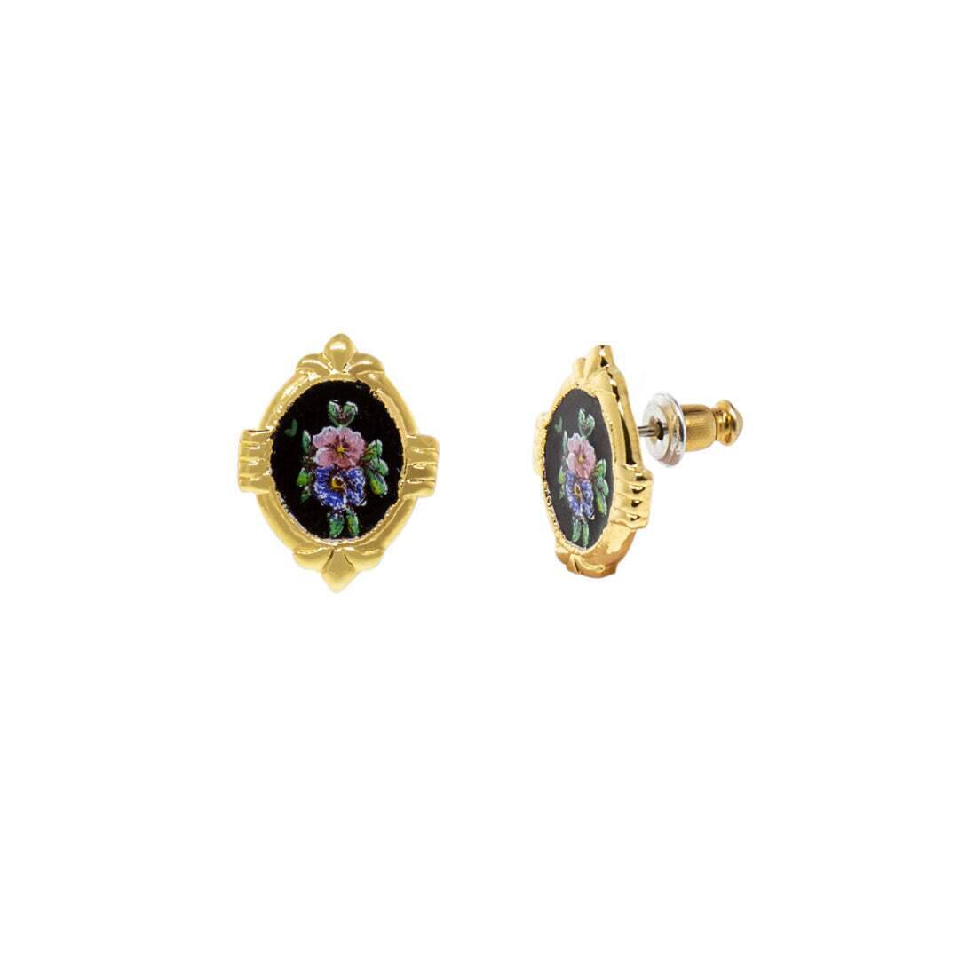 1928 Vintage Floral Stud Earrings - Black, Pink & Green Flower Decal Oval Earrings for Women | Perfect for Parties, Weddings & Everyday Wear