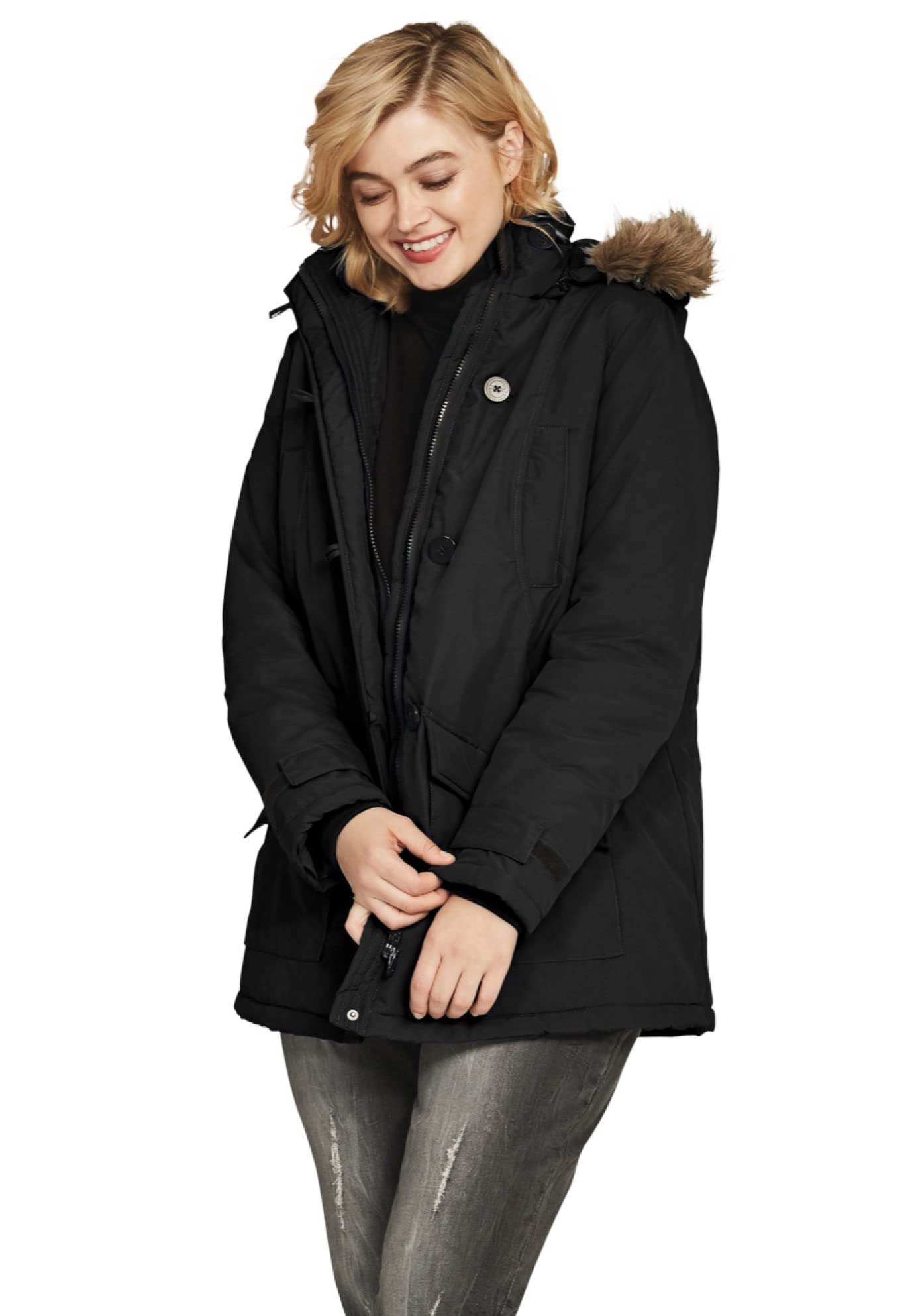 Ellos Women's Plus Size Faux Fur Trim Parka Jacket - Winter Warm Cozy Outerwear for Cold Weather, Snow & Outdoor Activities
