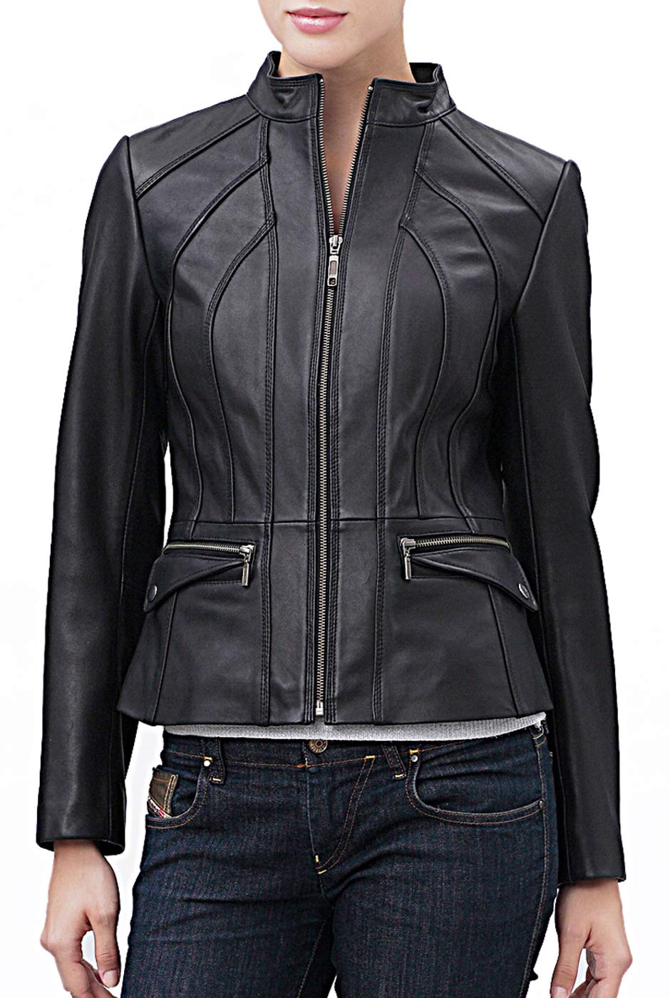 BGSD Women's Seamed Lambskin Leather Scuba Jacket - Slim Fit & Plus Size Options | Stylish Outerwear for Casual Wear, Night Out & Fall Fashion