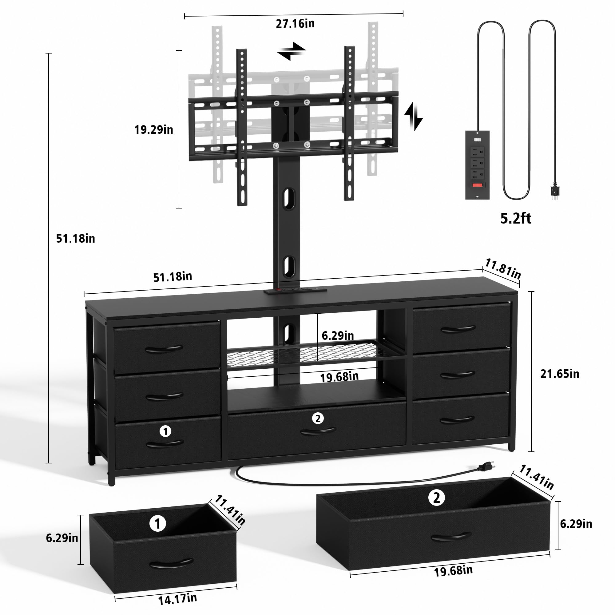 TV Stand with Mount & 7 Fabric Drawers - LED Entertainment Center with Power Outlets for 32-70 Inch TVs - Black Media Console with Open Shelves - Perfect for Living Room & Bedroom - Ideal for Gaming, Movie Nights & Home Entertainment