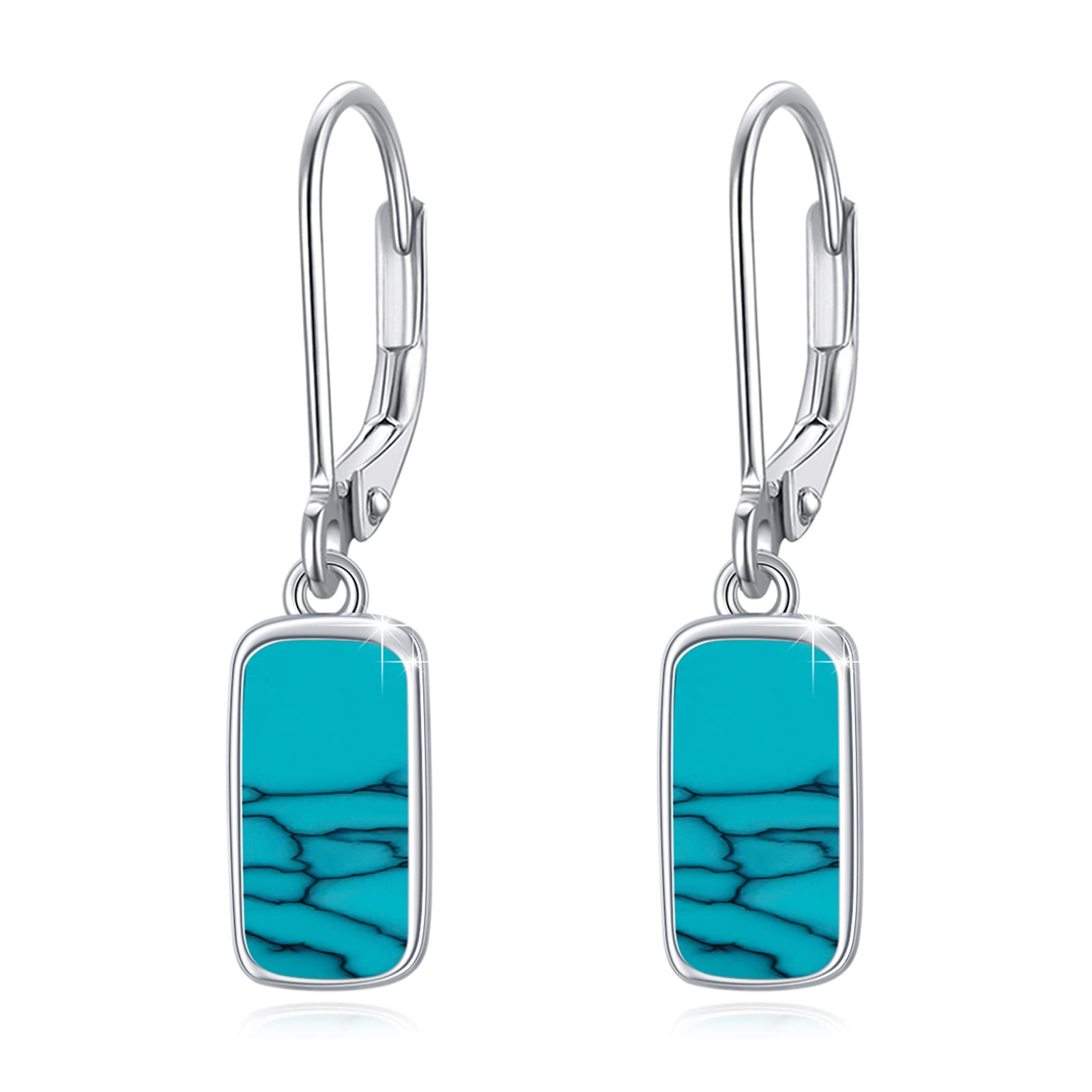 Turquoise Dangle Earrings for Women - S925 Sterling Silver Rectangle Leverback Earrings with Natural Gemstone | Boho Chic Jewelry for Party, Wedding & Everyday Wear