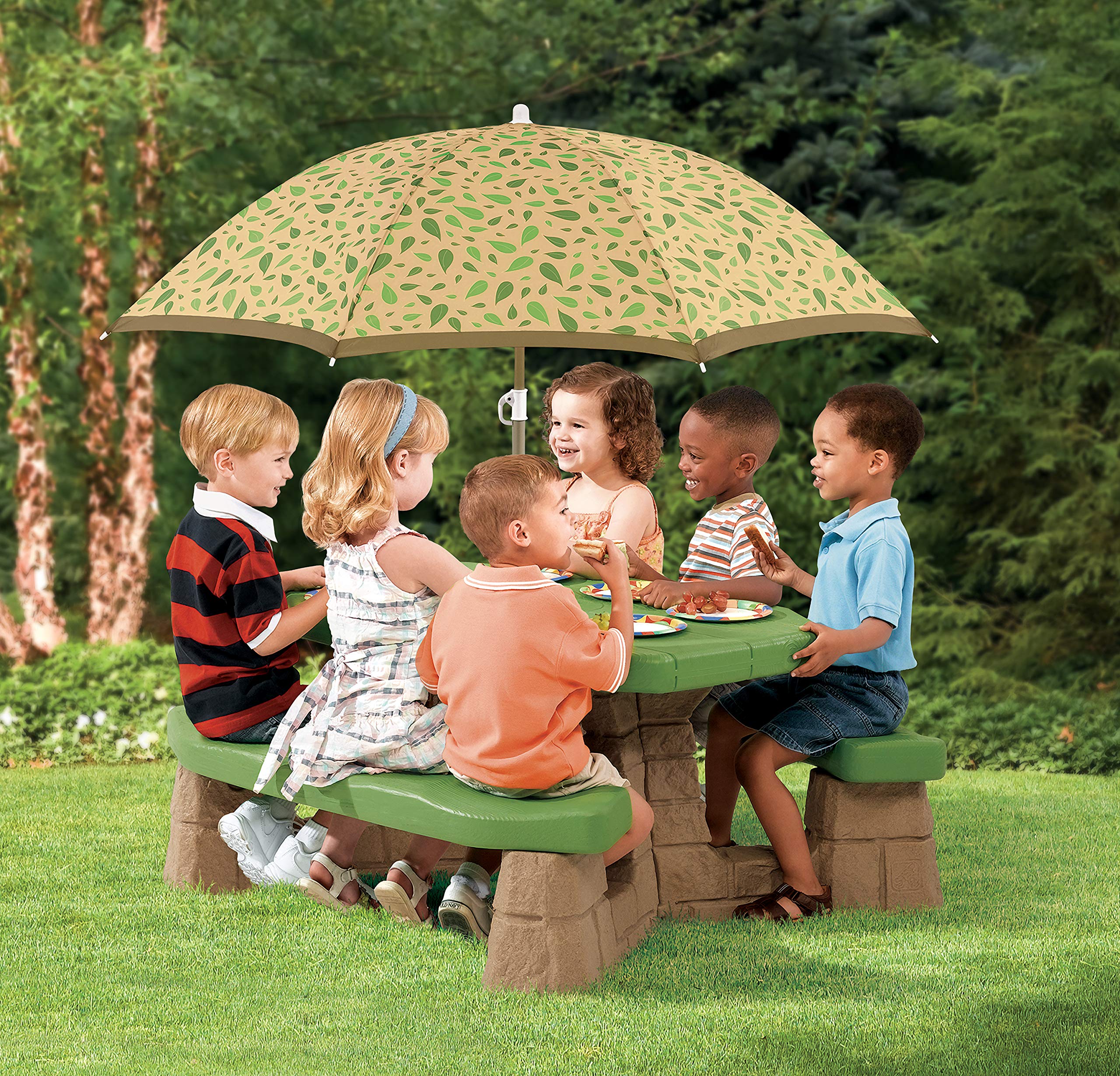 Step2 Naturally Playful Kids Picnic Table with Removable Umbrella - Durable Plastic Outdoor/Indoor Play Table for Toddlers Ages 3+ (Green Leaf Design, Seats 6 Children) - Perfect for Backyard Playdates, Birthday Parties & Daycare Centers