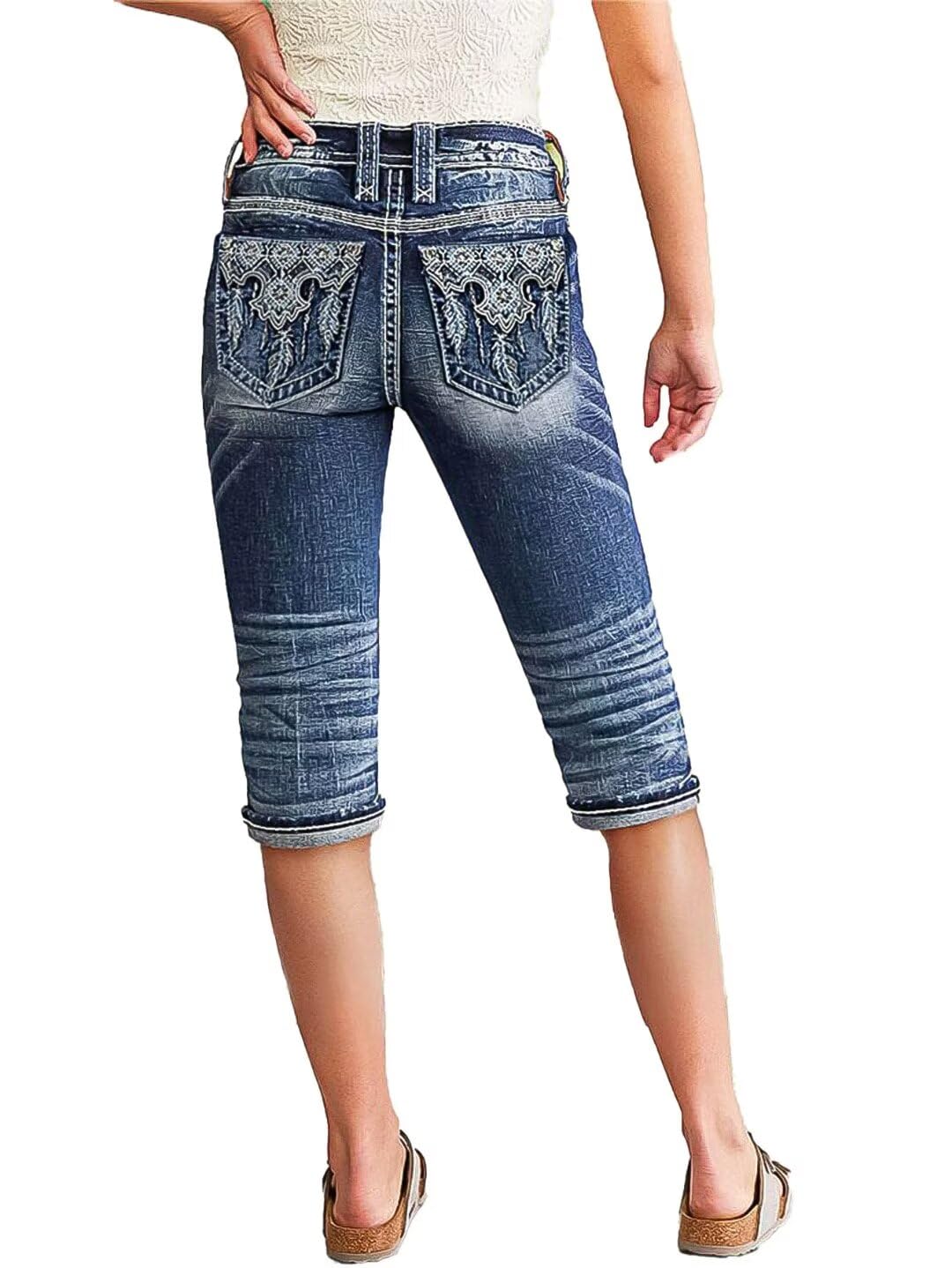 Flamingals Women's Mid Waist Straight Leg Jeans - Roll Hem Casual Denim Pants for Everyday Wear, Office & Weekend Outings