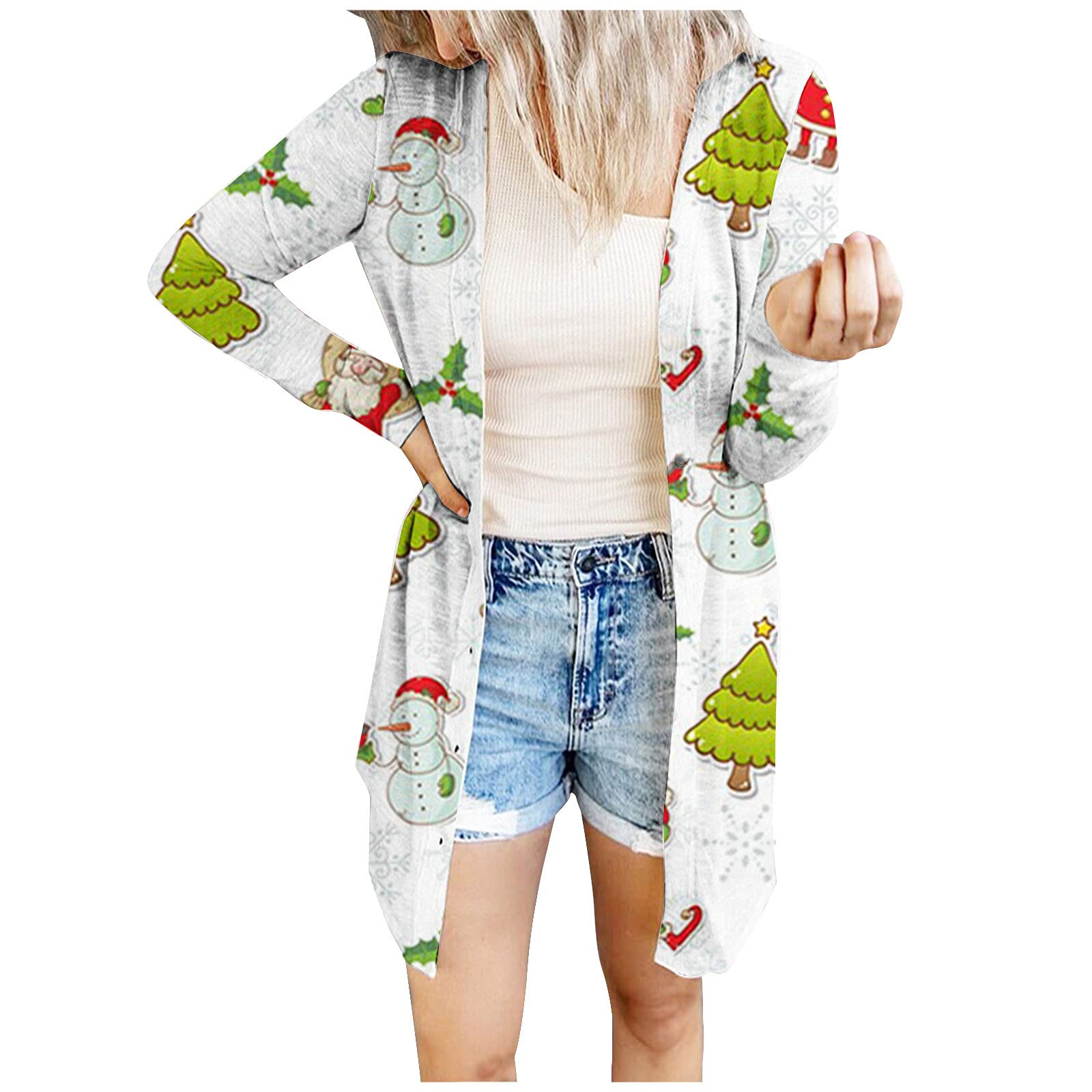 Women's Lightweight Long Cardigan with Christmas Graphic Print - Open Front Casual Coat for Winter, Holiday Parties & Cozy Layering
