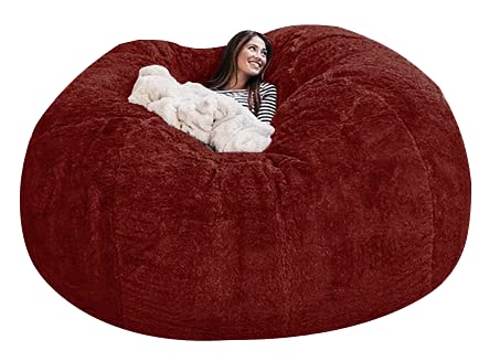7FT Giant Fluffy Artificial Fur Bean Bag Cover Only (No Filler) - Soft Round Lazy Sofa Bed Replacement for Living Room, Bedroom & Game Room - New Wine Red