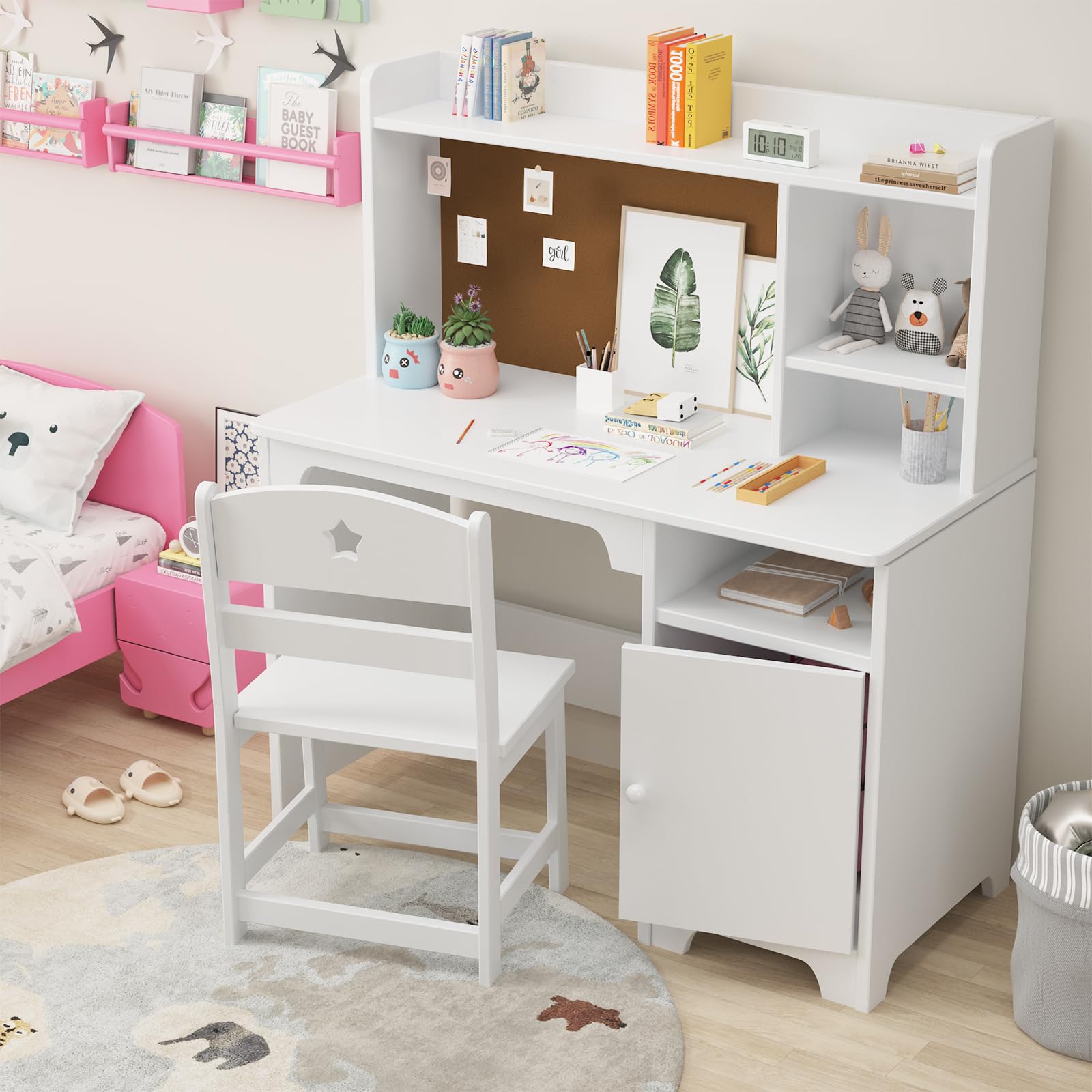 Kids Wooden Study Desk and Chair Set with Hutch & Storage Cabinet - White | Children's Writing Table, Computer Workstation for Bedroom & Study Room | Perfect for Homeschooling, Online Learning & Homework Organization
