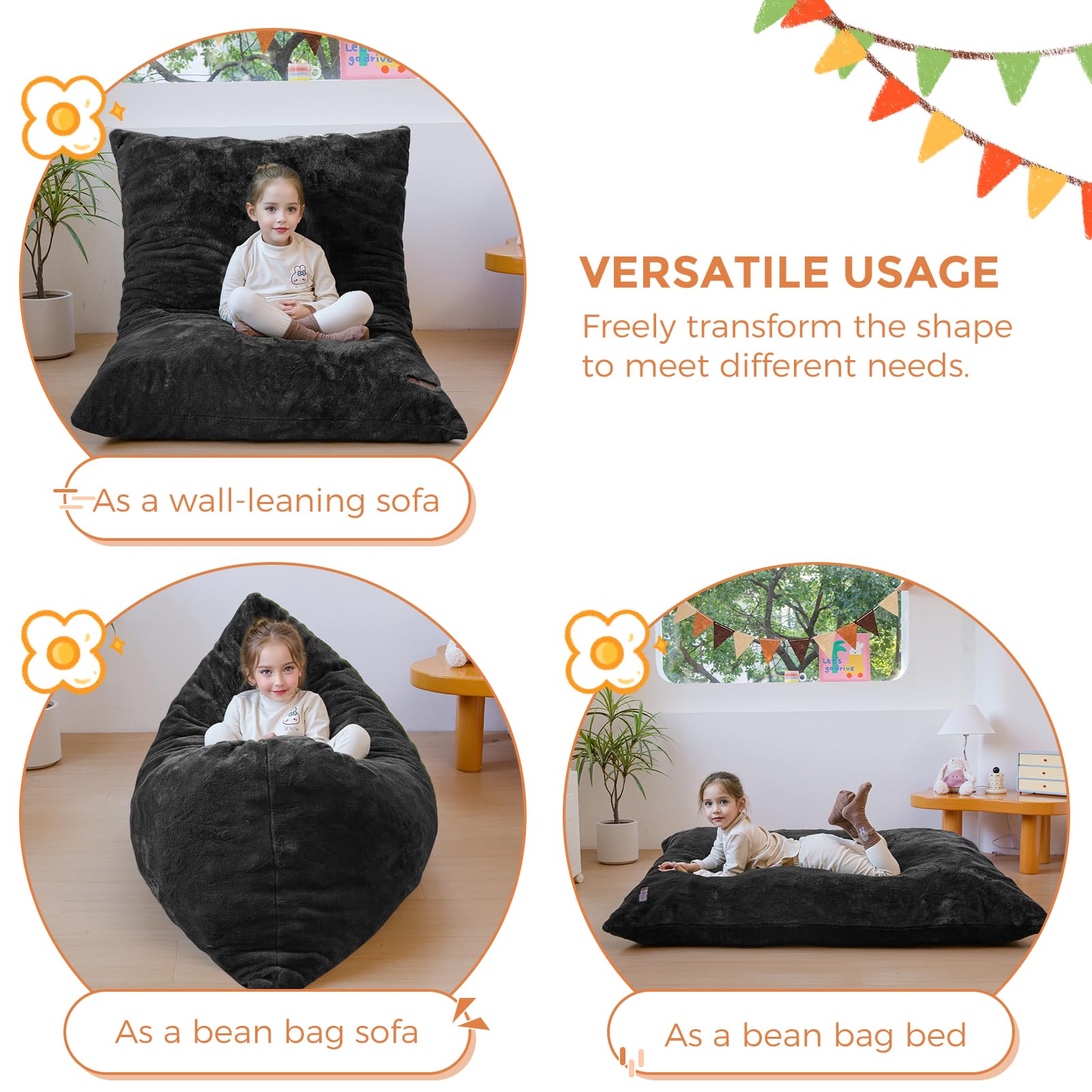 MAXYOYO 3-in-1 Kids Bean Bag Chair Bed - Convertible Faux Fur Floor Sofa for Children's Room, Gaming & Reading - Soft & Comfortable (Black) | Perfect for Playrooms, Bedrooms & Cozy Reading Nooks