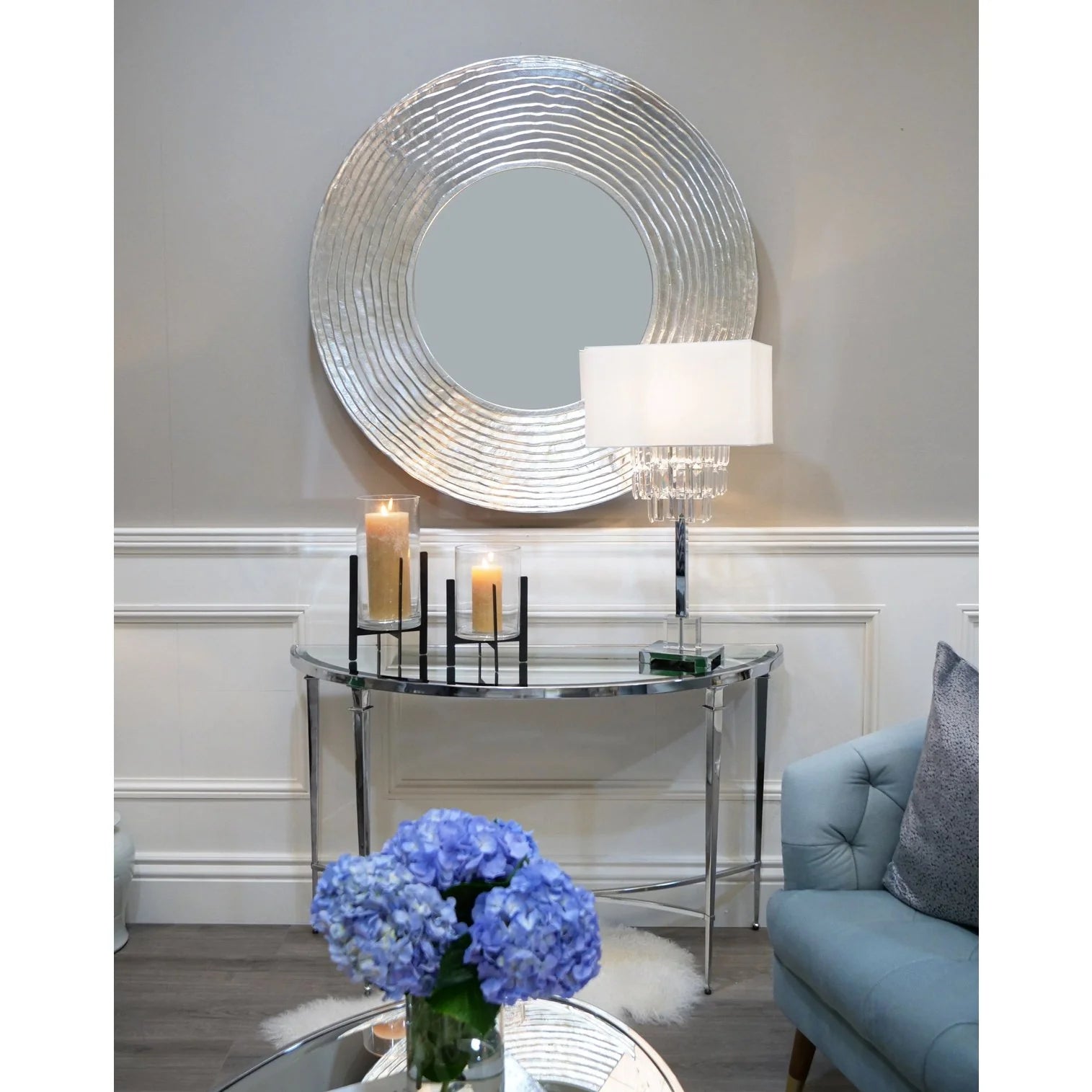 Modern Adley Console Table with Chrome Frame & Mirror Top - Elegant Entryway, Living Room, or Hallway Decor for Stylish Homes
