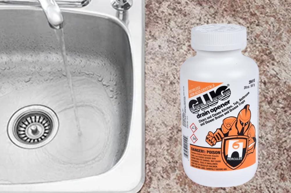 Oatey 20410 Hercules Glug Crystals Drain Opener - 20 oz (3-Pack) for Kitchen, Bathroom & Shower Drain Clogs - Fast-Acting Pipe Cleaner for Hair, Grease & Soap Scum Removal
