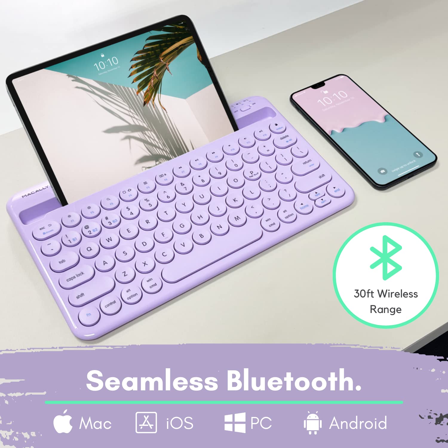 Macally Small Wireless Bluetooth Keyboard for iPad Mini/Air/Pro, iPhone, Tablet - 78-Key Compact Keyboard with Built-in Stand | Universal Multi-Device Compatibility | Purple | Perfect for Home Office, Travel & On-the-Go Typing