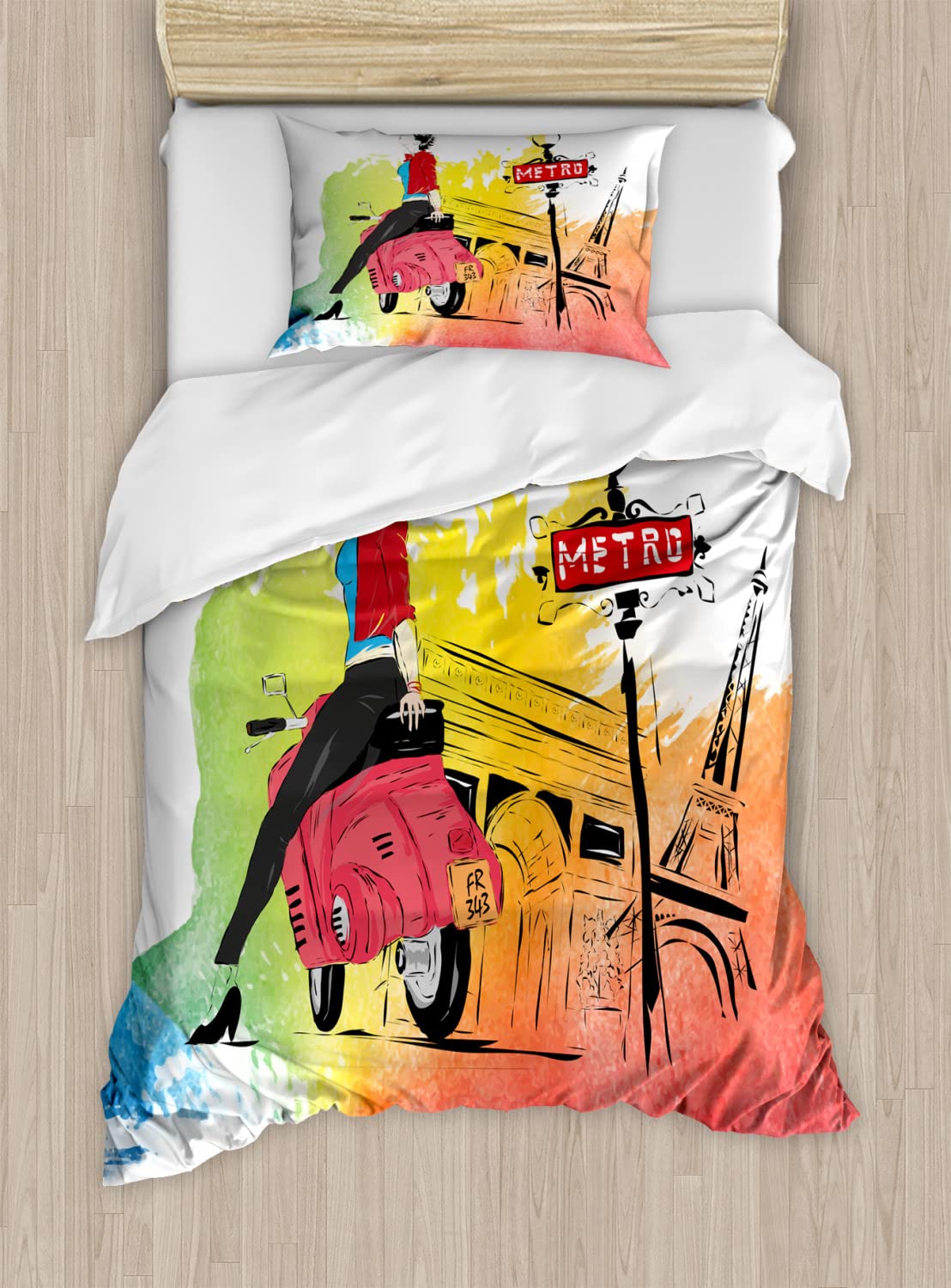 Ambesonne Retro Duvet Cover Set - Pink Motorcycle Fashion Art with Eiffel Tower Print | 2-Piece King Size Bedding Set with 4 Pillowcases | Orange & Red Parisian Chic Decor | Perfect for Bedroom Makeover & Gift Giving