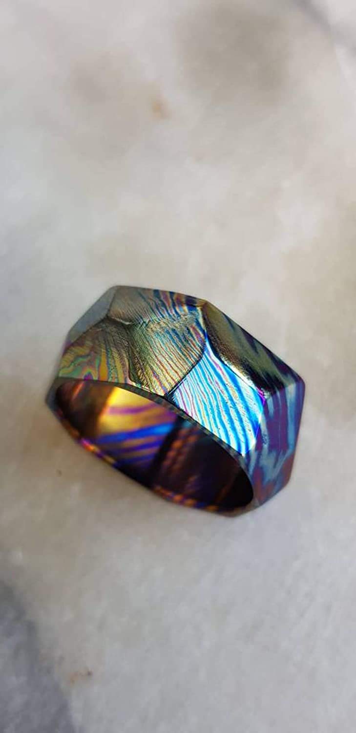 Handmade Damascus Steel Titanium Ring - Custom Comfort Fit Wedding Band for Men & Women - KE-104-AT Timascus Unisex Engagement Ring - Modern Statement Jewelry for Weddings, Anniversaries & Special Occasions