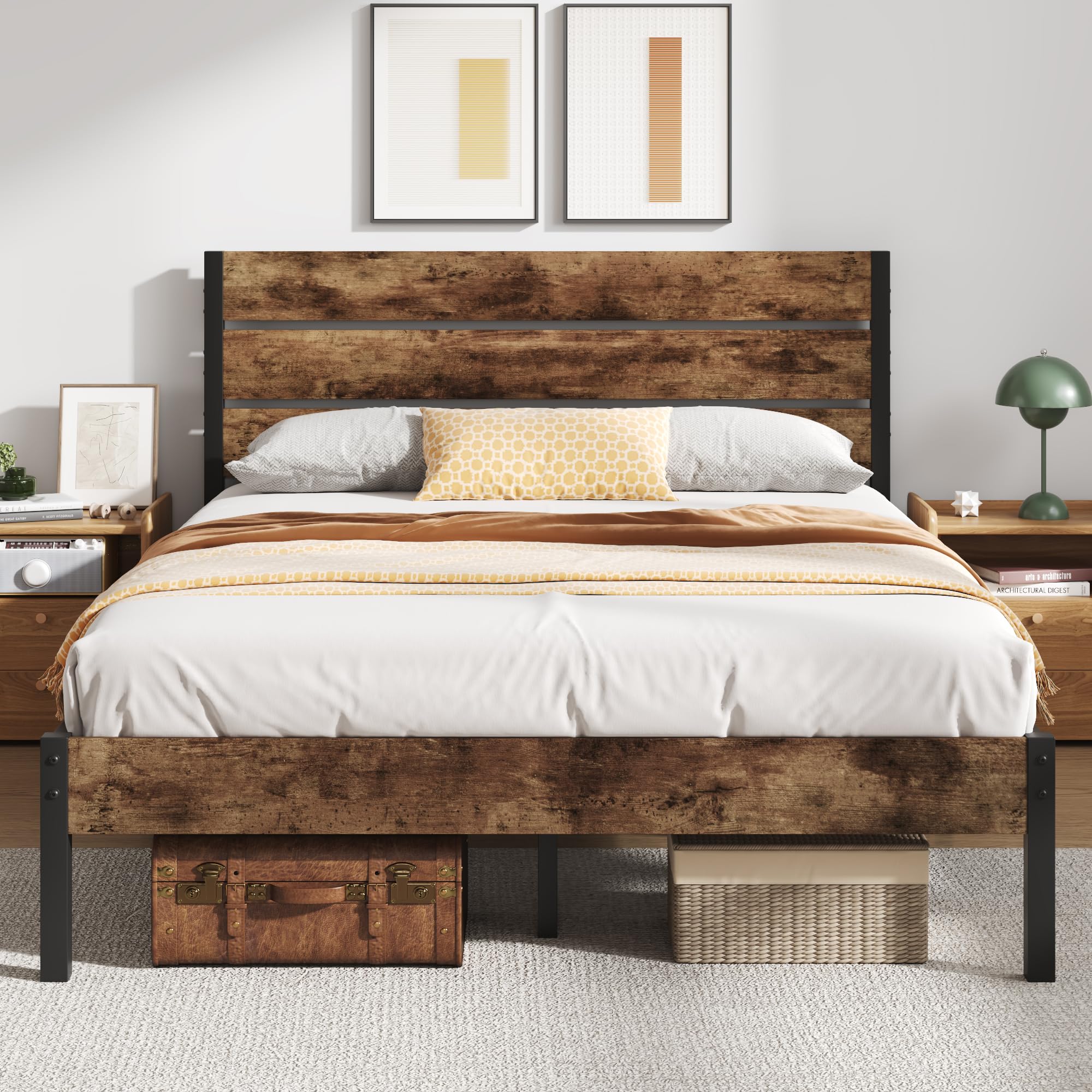 Foredawn Queen Size Metal Bed Frame with Headboard & Footboard - 14 Inch Platform Bed, No Box Spring Needed, Noise-Free Mattress Foundation, Under Bed Storage, Easy Assembly, Rustic Brown - Perfect for Master Bedrooms, Guest Rooms & Rustic Farmhouse Decor