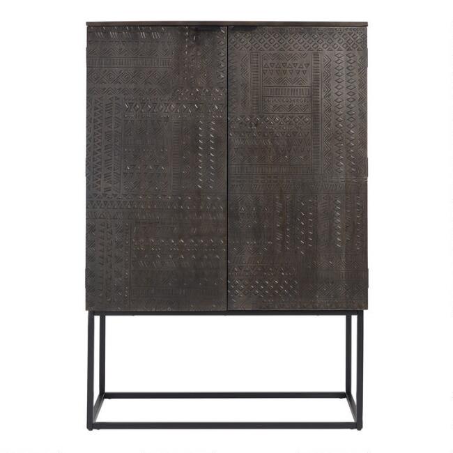 Hand Carved Black Geometric Wooden Bar Cart with Wine Storage | Modern Home Bar Cabinet for Living Room, Dining Room & Kitchen Decor