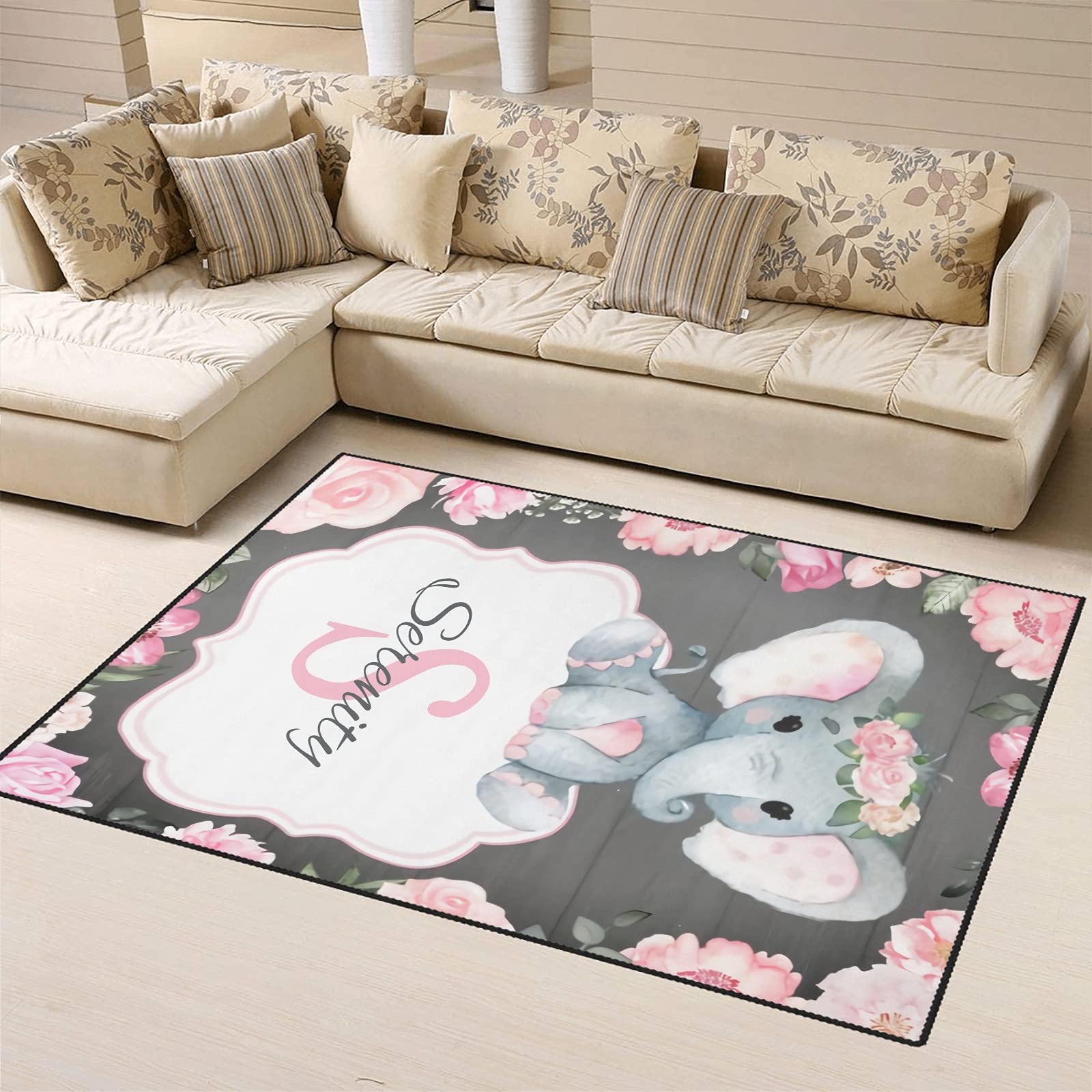 Custom Watercolor Elephant Rug - Pink Flower Play Mat for Nursery & Living Room