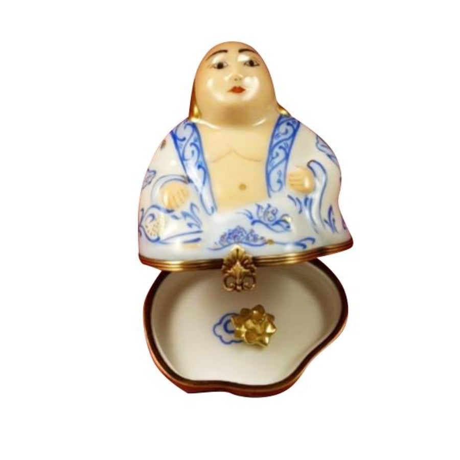 Lucky Buddha Limoges Porcelain Figurine - Handcrafted Collectible Statue for Home Decor, Meditation & Feng Shui