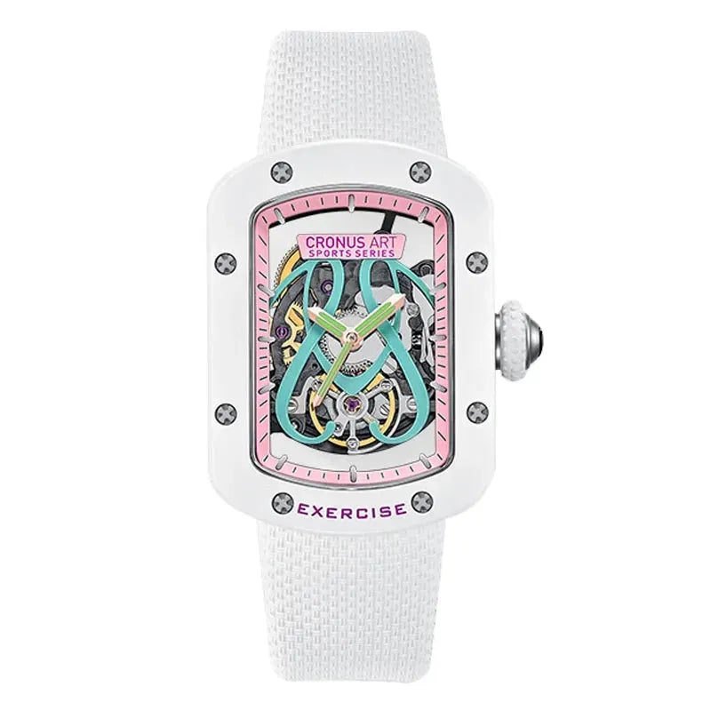 CRONUSART Women's Automatic Mechanical Watch - 29mm x 41mm Tonneau Case, Luminous Hollow Dial, Fluororubber Strap - Elegant Ladies Wristwatch for Business, Party & Daily Wear