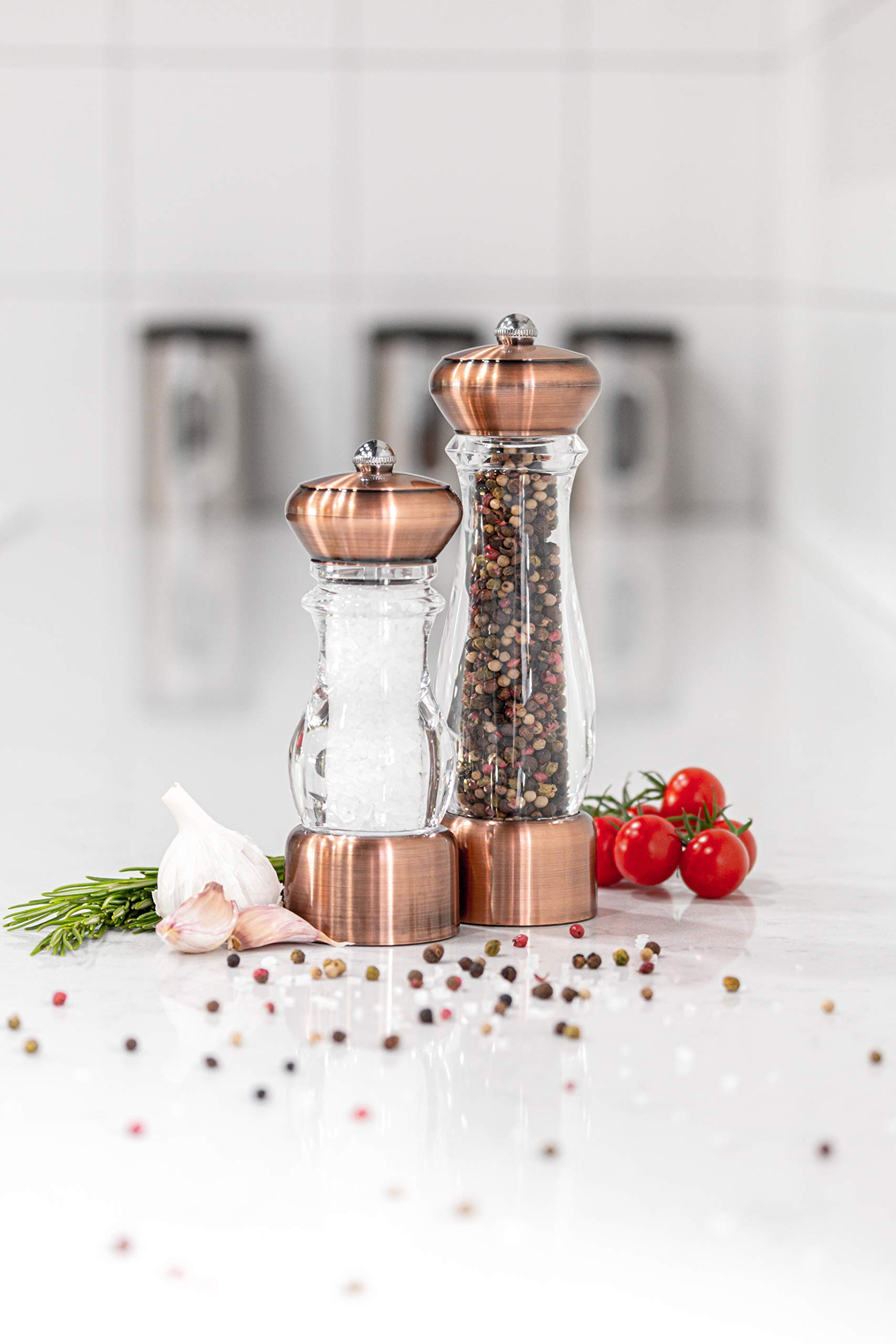 Premium Copper Salt and Pepper Grinder Set - 21cm Adjustable Ceramic Mill for Fresh Seasoning - Perfect for Kitchen, Dining Table, and Gourmet Cooking