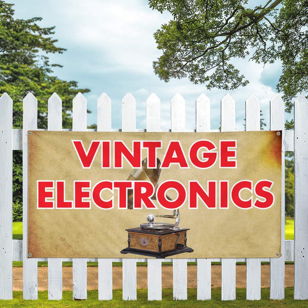 Vintage Electronics Vinyl Banner - Weatherproof Outdoor Advertising Sign with 8 Grommets (48x96 Inches) - Perfect for Yard Sales, Industrial Events & Vintage-Themed Promotions