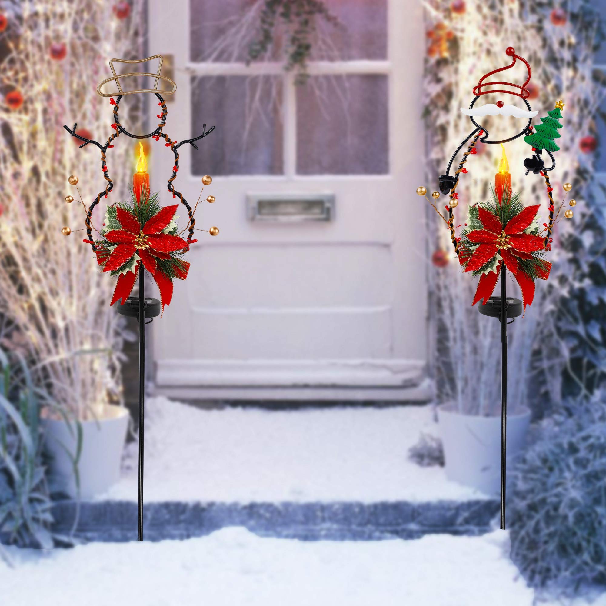 FORUP Solar Christmas Yard Decorations - Outdoor LED Solar Powered Candle Lights for Xmas Pathway, Metal Solar Garden Stake Lights with Snowman & Santa Designs - Set of 2 - Perfect for Holiday Lawn Decor, Garden Accents & Festive Outdoor Lighting