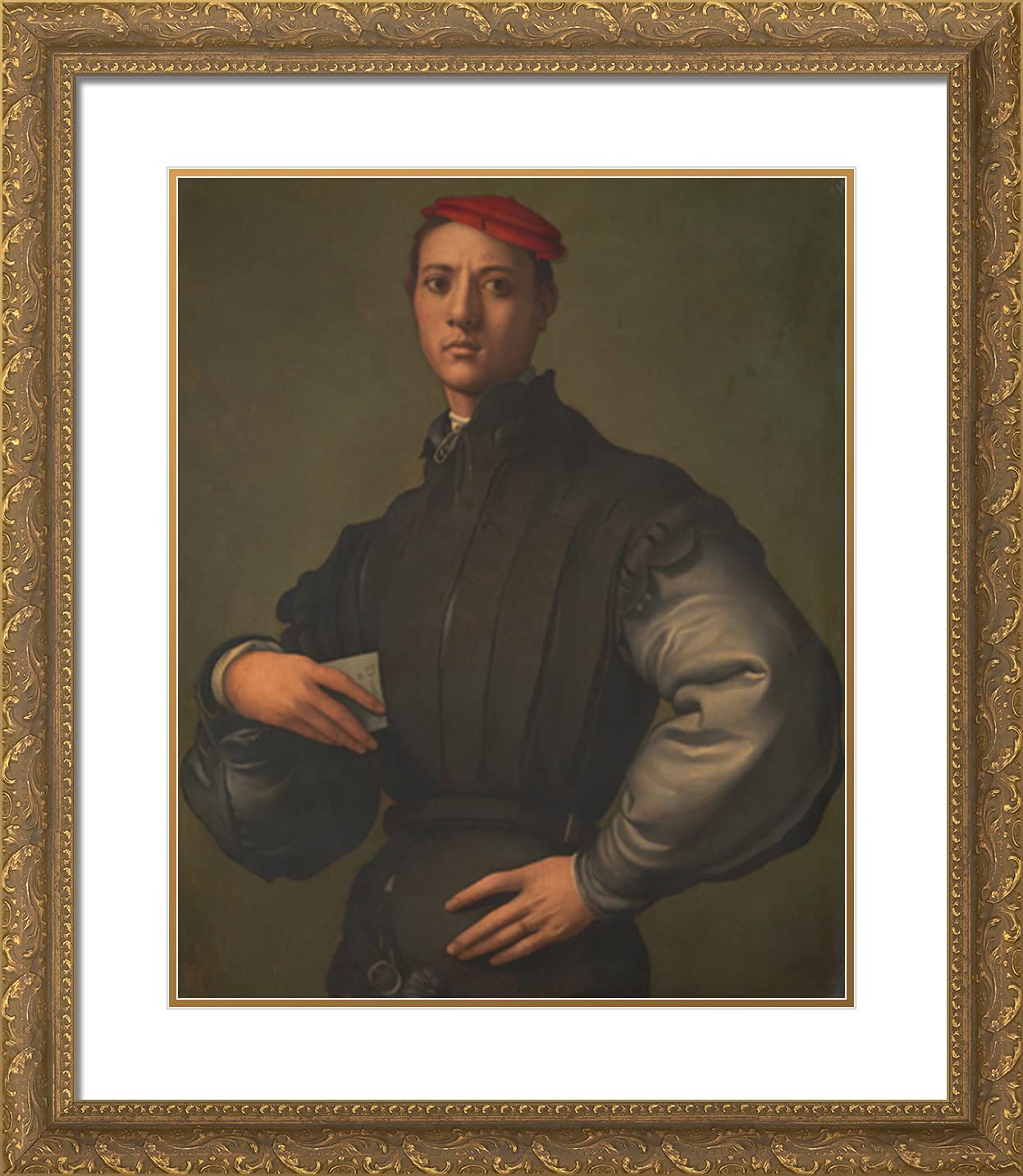 Pontormo Jacopo 20x23 Inch Gold Ornate Framed Art Print - Portrait of a Young Man in a Red Cap with Double Matting | Renaissance Wall Decor for Living Room, Office & Gallery Display