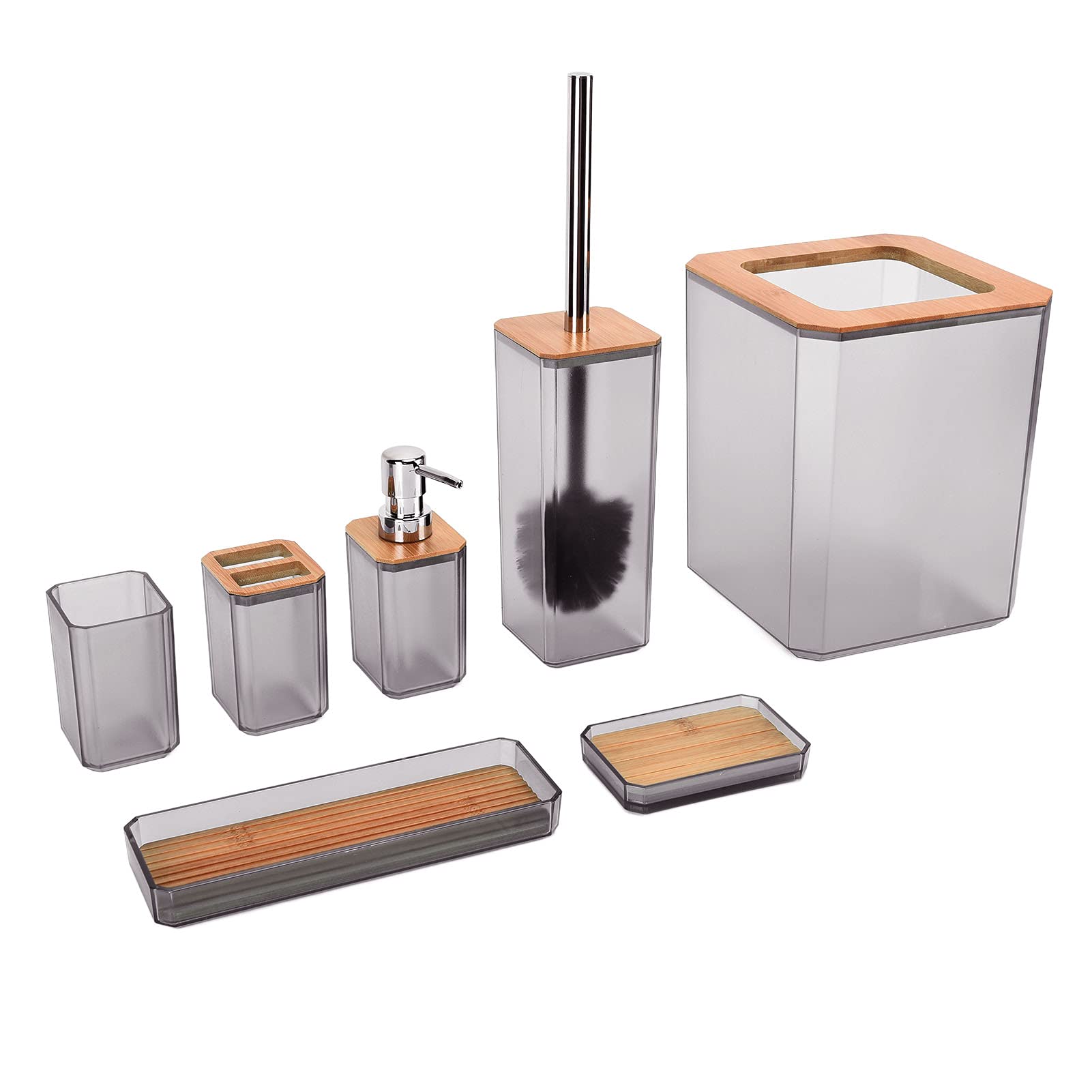 FIYO 7-Piece Bamboo Bathroom Accessories Set - Includes Soap Dish, Toothbrush Holder, Cup, Soap Dispenser, Trash Bin & Toilet Brush with Holder - Eco-Friendly Bathroom Organizer for Home & Hotel Use (Grey)