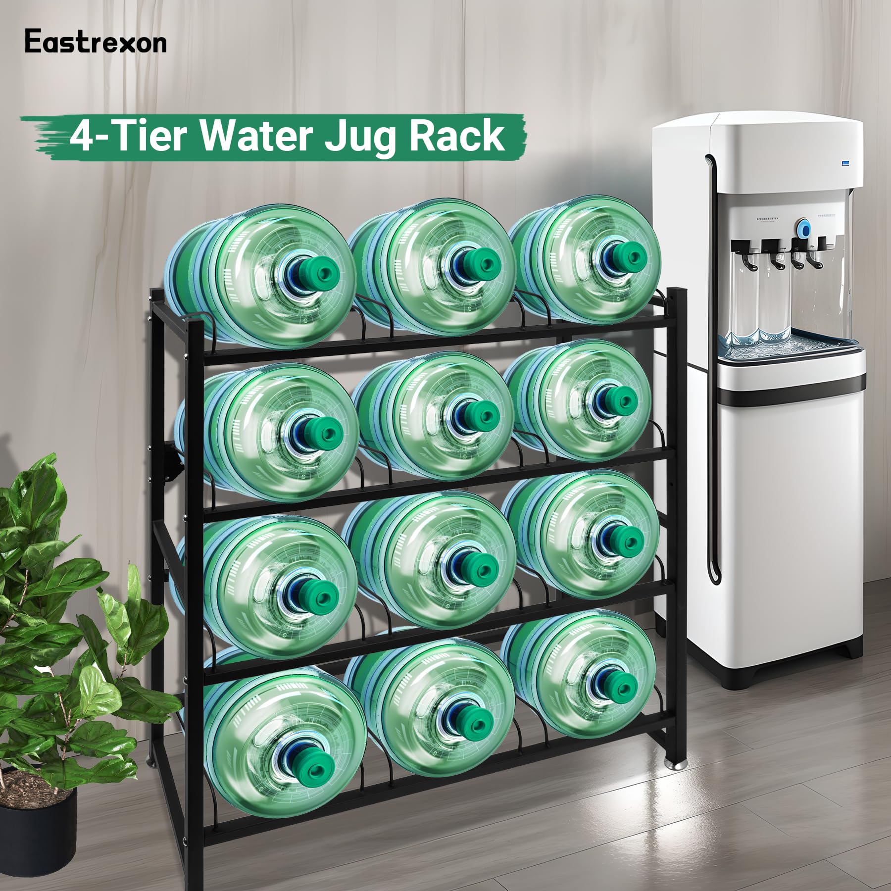 12-Tray 5 Gallon Water Jug Holder Heavy Duty Wall Mount Rack - 4-Tier Powder Coated Steel Water Bottle Storage Organizer (Black, 13