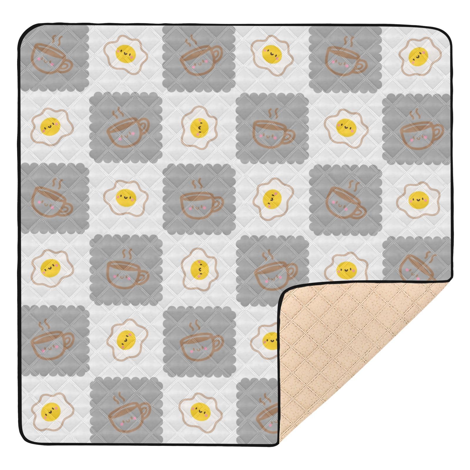KICPOAY Non-Slip Baby Play Mat - 50x50 Inch Grey Coffee Cup & Fried Egg Design | Soft Cushioned Floor Play Gym Mat for Infants, Babies & Toddlers | Perfect for Crawling, Tummy Time & Safe Play Areas