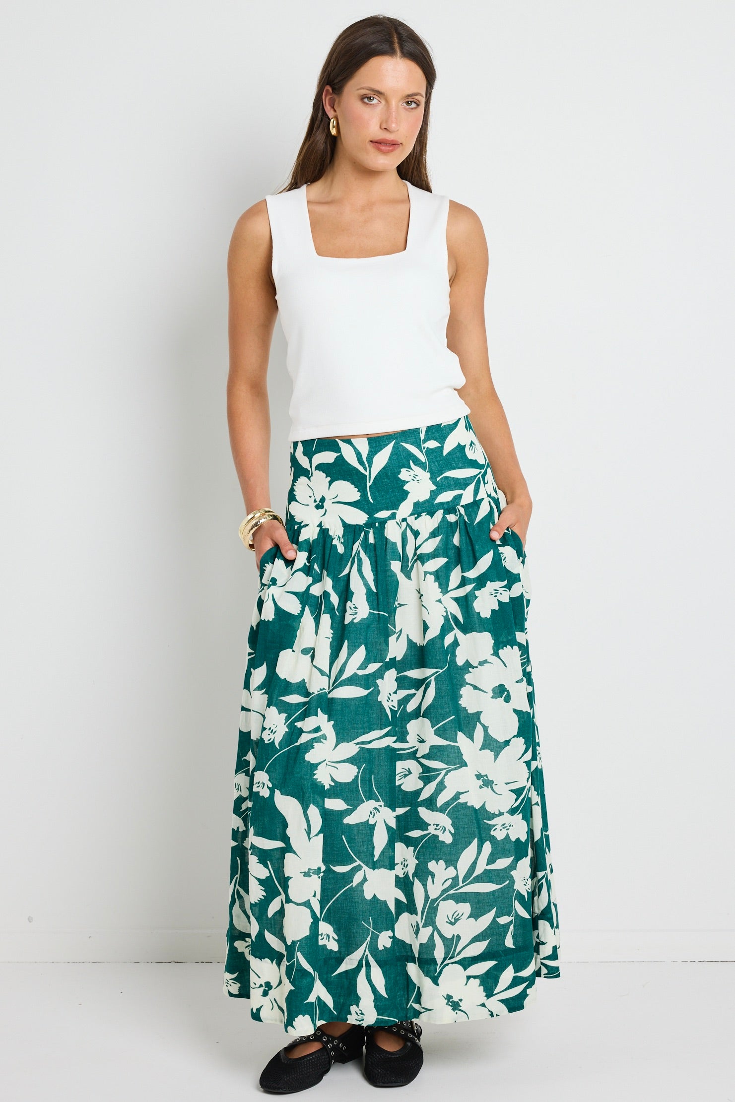 Affinity Forest Floral Print Shirred Back Tiered Maxi Skirt for Women - Boho Summer Beach Dress, Wedding Guest Outfit & Vacation Wear