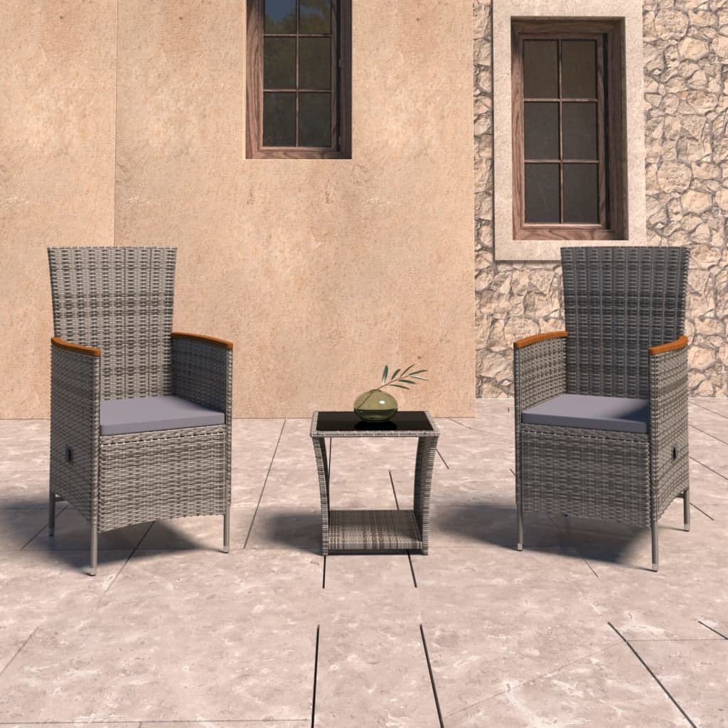vidaXL 3-Piece Patio Lounge Set with Cushions - Gray Poly Rattan Outdoor Sofa for Garden, Balcony, Backyard & Terrace - Durable Weather-Resistant Home Furniture for Relaxing & Entertaining