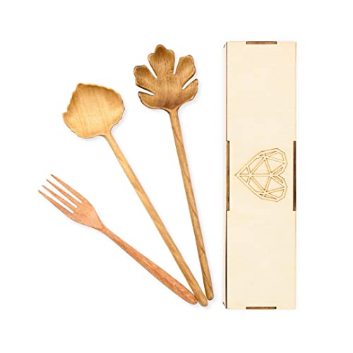 JABIHOME 3-Piece Wooden Spoon and Fork Set - Natural Kitchen Utensils for Cooking, Serving, Salad & Decor - Perfect Mother's Day, Birthday Gifts for Mom - Ideal for Home Dining, Picnics & Hosting