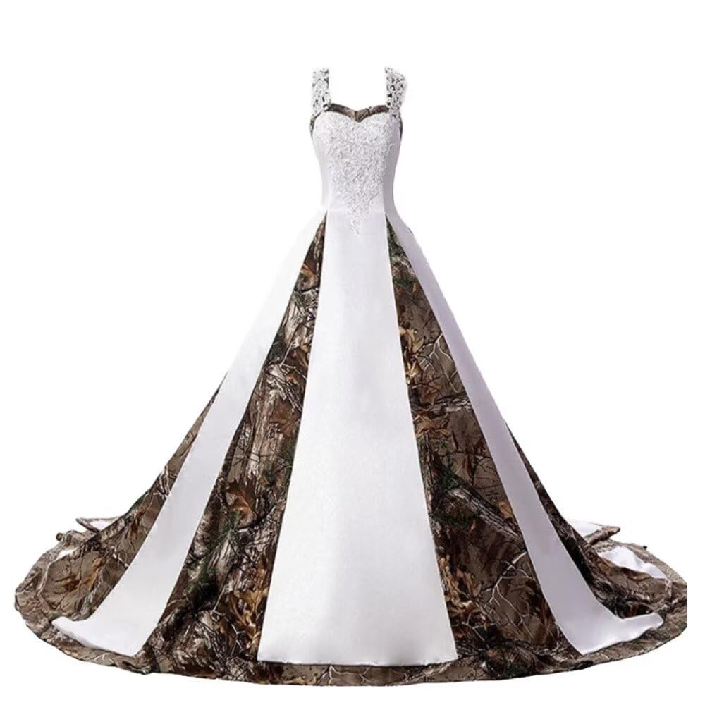ZVOCY Women's Camouflage Wedding Dress - Satin Camo Long Formal Gown for Brides, White (Perfect for Outdoor, Military-Themed, and Unique Wedding Ceremonies)