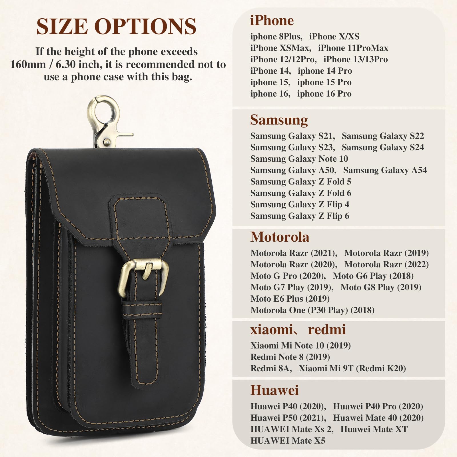 BAIGIO Genuine Leather Belt Phone Pouch - Universal Crossbody Cell Phone Holster for iPhone 16/15/14/13/12 Pro Max, Samsung Galaxy A15/A55/S24/S23/S22, Xiaomi - Perfect for Hiking, Travel & Everyday Use