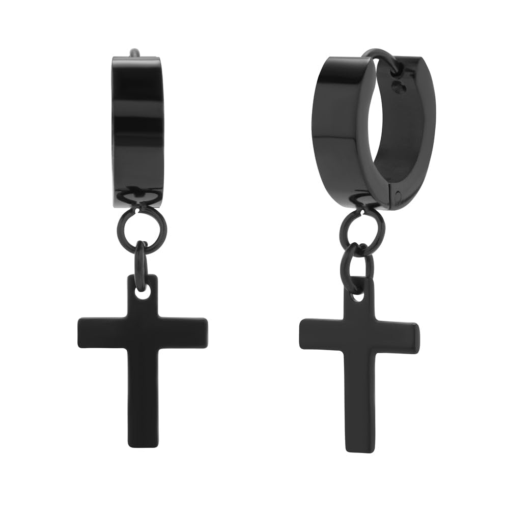 **Men's Black Stainless Steel Cross Dangle Earrings – 1