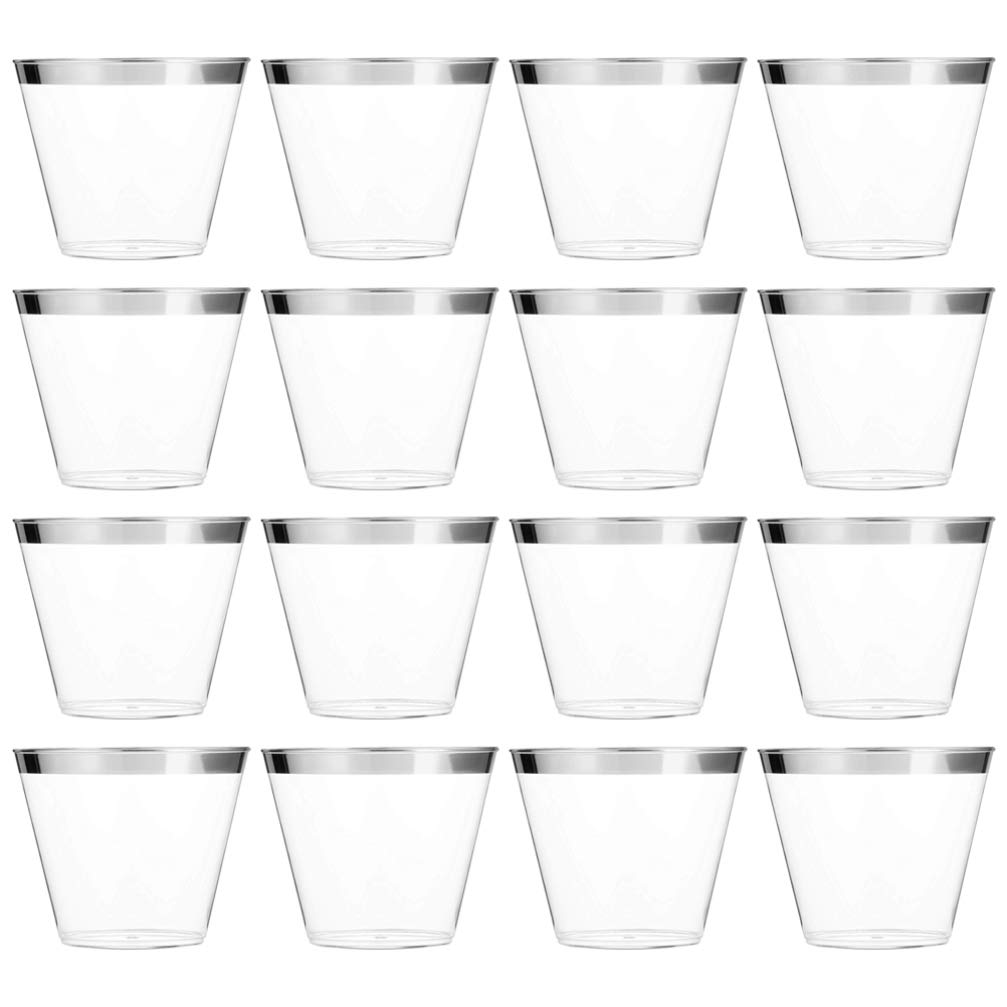 ARTIBETTER 50 Pack Clear Plastic Cups with Silver Rim - Elegant Disposable Tumblers for Wedding, Party, Bridal Shower & Baby Shower - Perfect for Cocktails, Punch, Soda & Beverage Serving