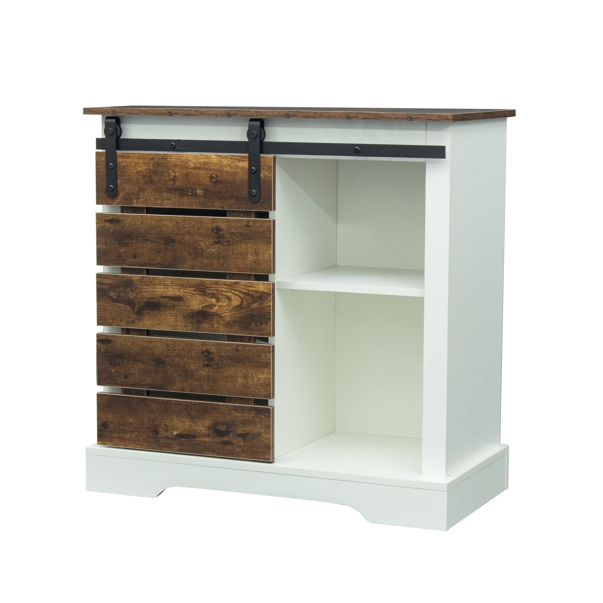Farmhouse 3-Tier Sideboard Buffet Cabinet with Sliding Barn Door - Industrial Style Console Table & Bookcase for Living Room, Dining Room, or Entryway - White