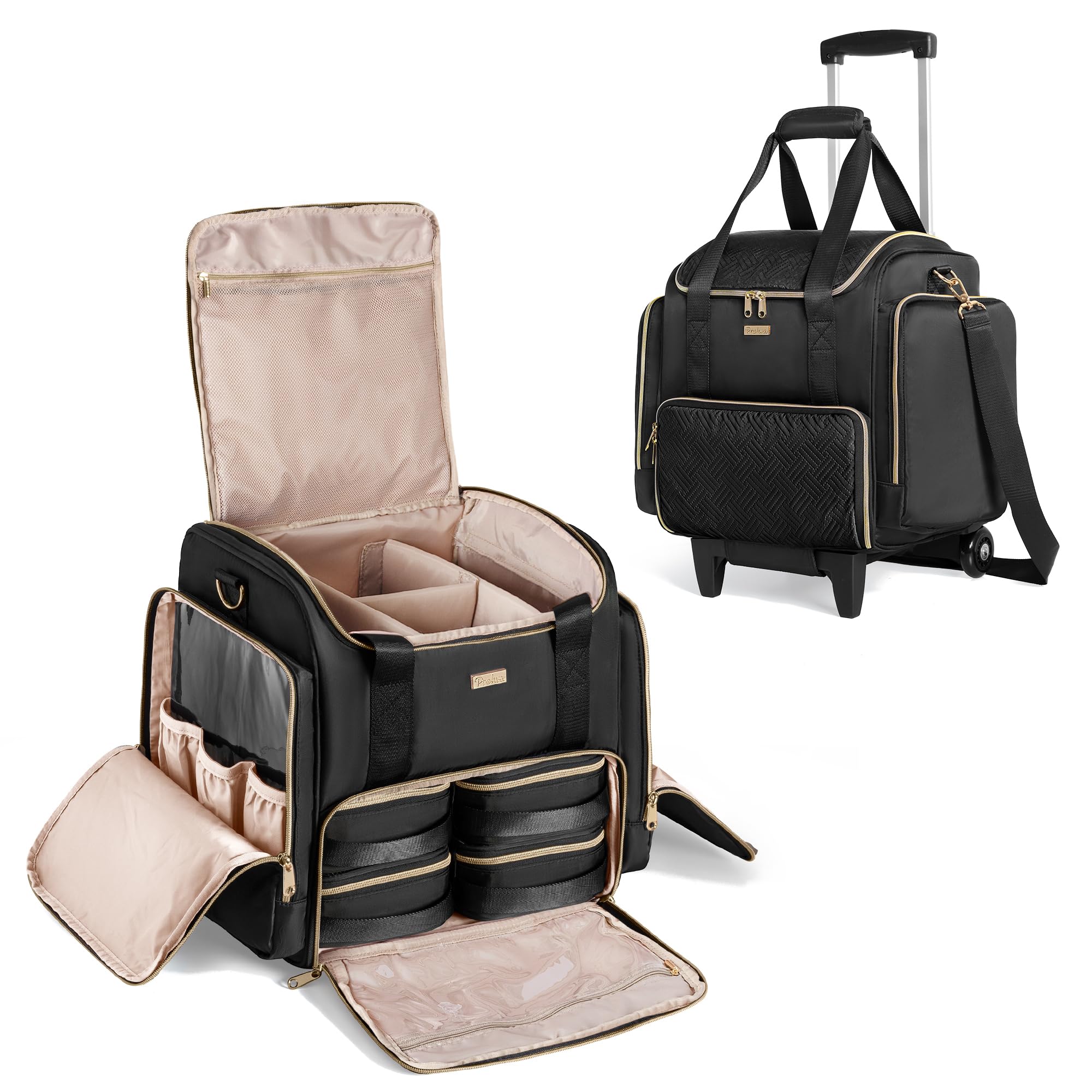 Professional Rolling Makeup Train Case with 4 Removable Bags & Brush Storage - Black Patent Design | Portable Cosmetic Organizer for Travel, Salon & Makeup Artists | Perfect for On-the-Go Beauty Professionals & Mobile Stylists