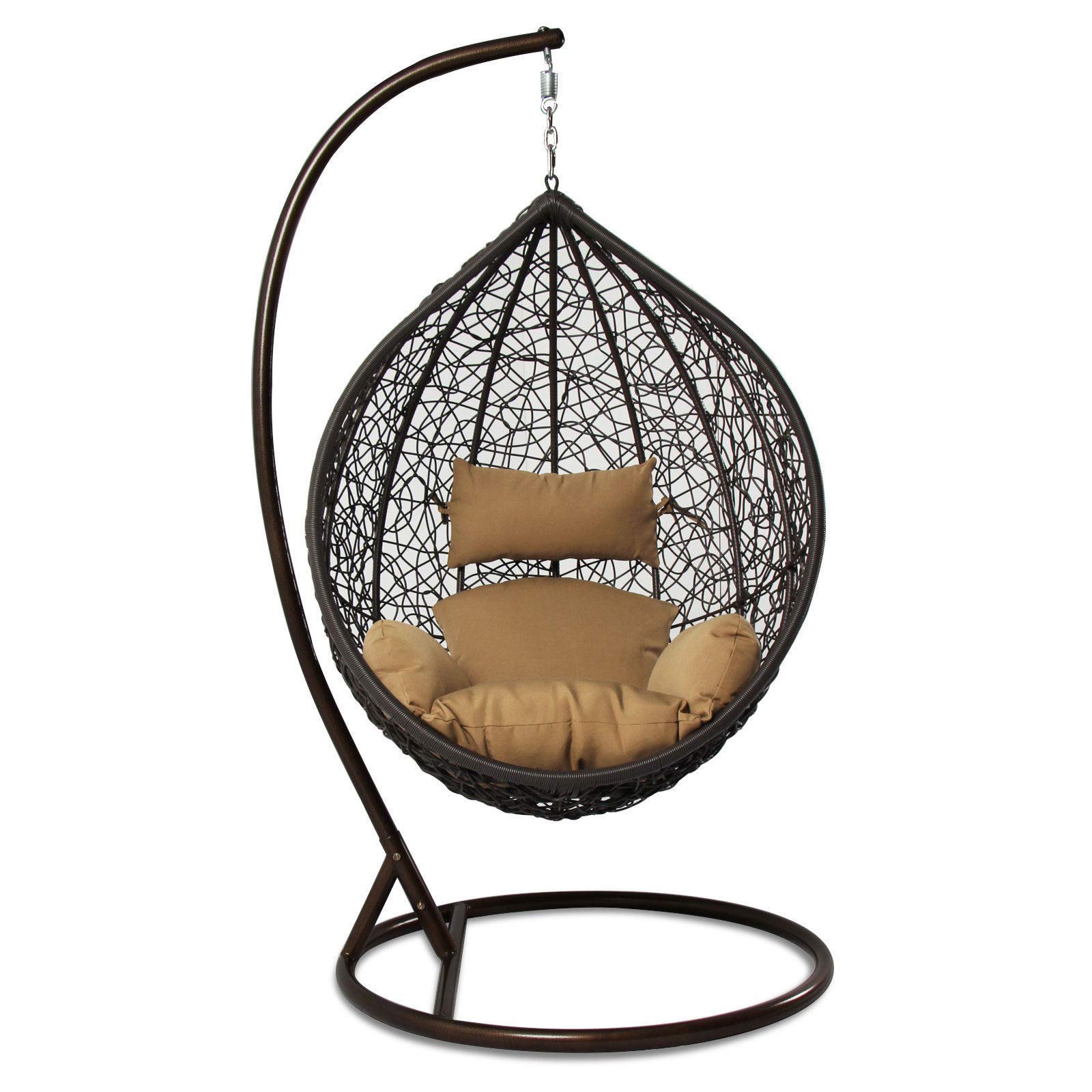 Outdoor Hanging Hammock Swing Chair with Beige Cushion - Porch Egg Chair for Relaxing in Garden, Patio or Backyard