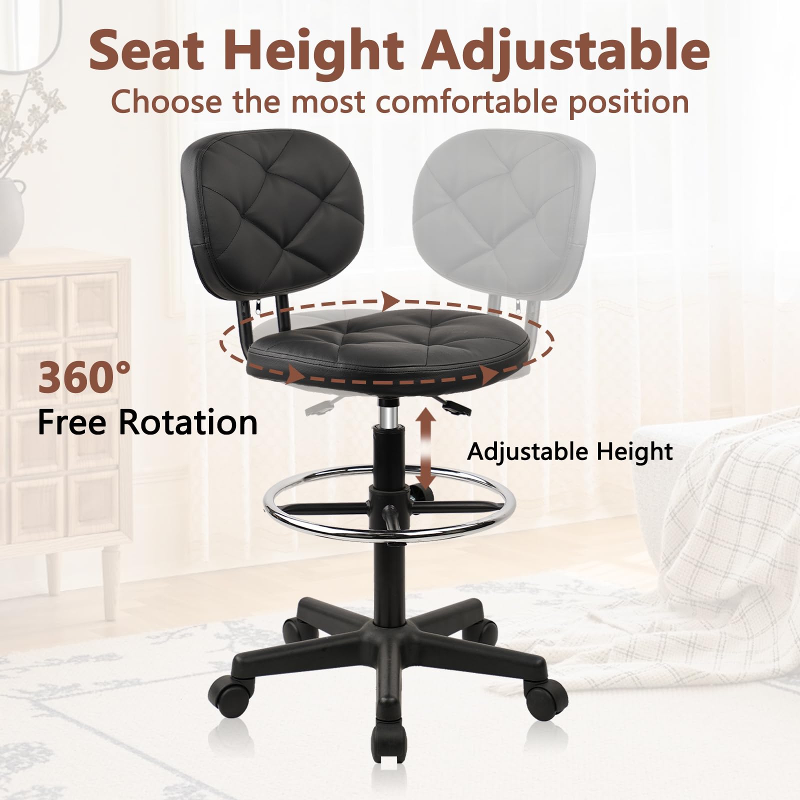 Adjustable Drafting Stool with Low Back Support & Footrest - 2 Pack Ergonomic PU Leather Swivel Rolling Chair for Office, Home & Standing Desks - Perfect for Architects, Artists & Long Work Sessions
