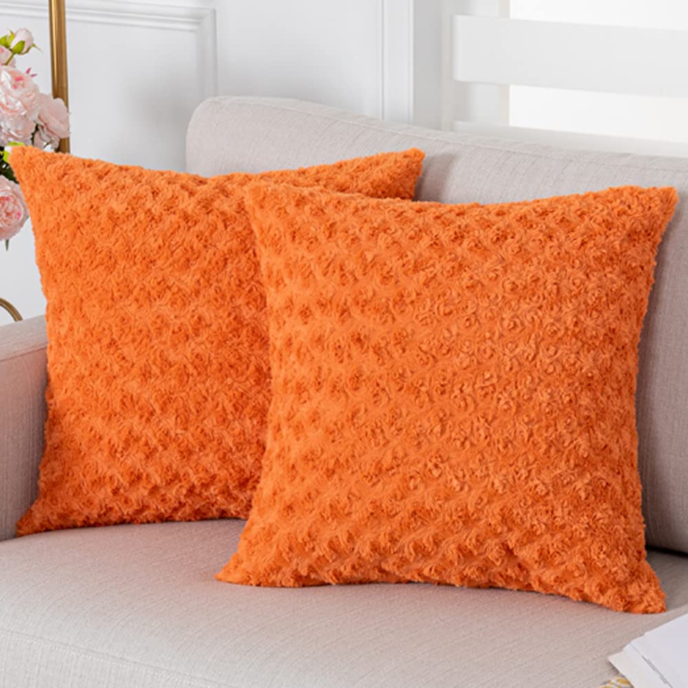 LANANAS Luxury Soft Plush Faux Fur Throw Pillow Covers - 2 Pack (18x18 Inches, Orange) - Decorative Mongolian Fur Couch Pillows for Living Room, Bedroom & Home Decor