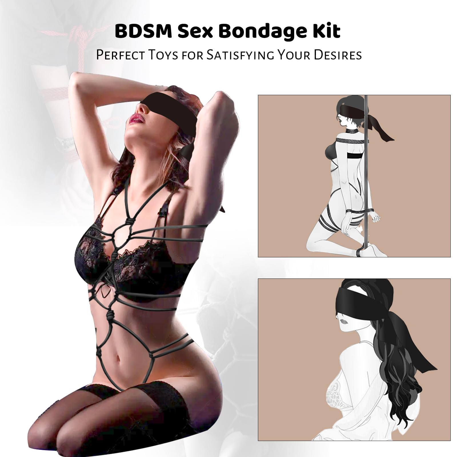 BDSM Bondage Kit - Soft Cotton Rope, Silky Blindfold & Adjustable Whip - 3-Piece Restraint Set for Couples | Beginner-Friendly Bondage Gear for Bedroom Play, Roleplay & Sensual Exploration