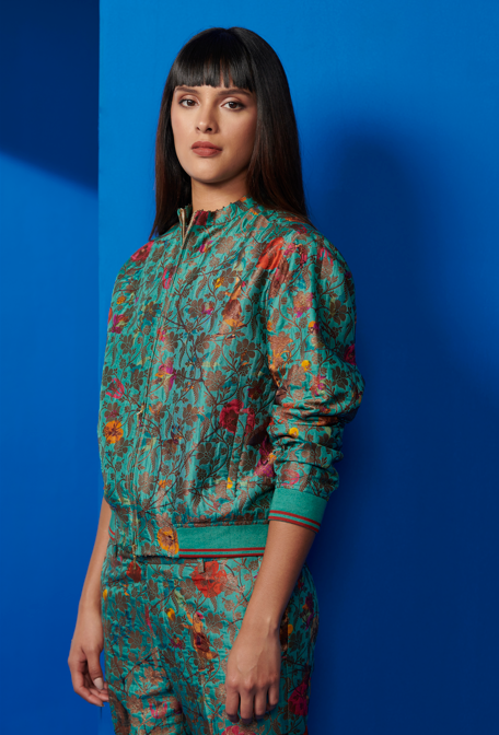 Janbaaz Men's Aqua Silk Brocade Bomber Jacket - Lightweight Vintage Style Coat for Casual Wear & Night Out