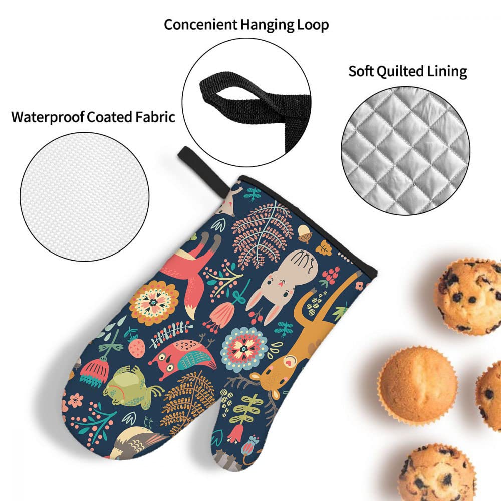 Owl Deer Hedgehog Fox Oven Mitts and Pot Holders Set of 3 - Heat Resistant BBQ Gloves for Kitchen Cooking Baking Grilling - Perfect for Women Chefs & Home Cooks (Ideal for Holiday Gifts & Housewarming)