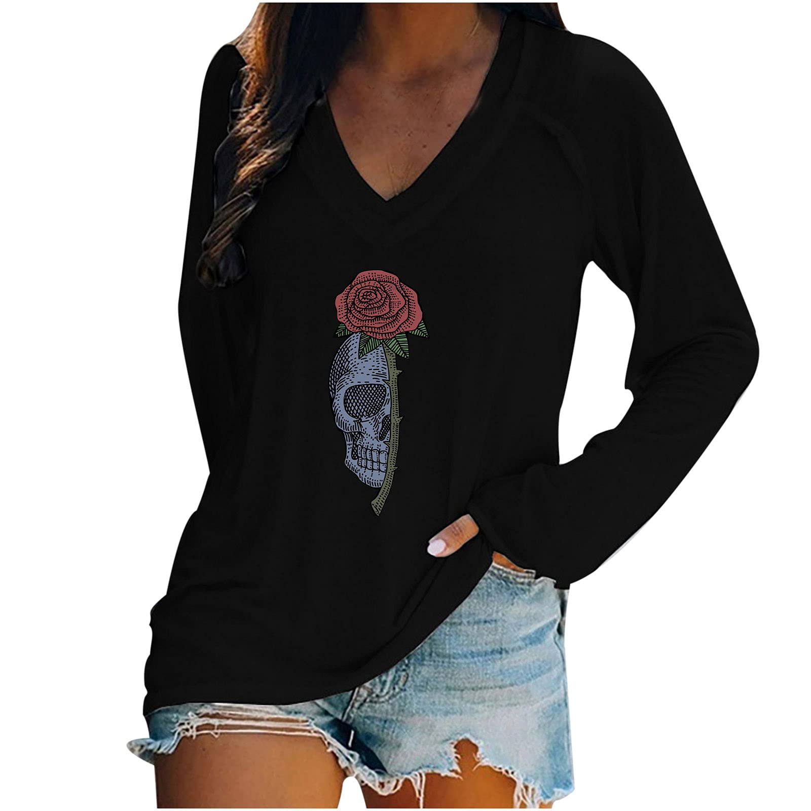 Women's Skull Rose Graphic V-Neck Long Sleeve Blouse - Loose Fit Novelty Halloween T-Shirt for Casual Wear, Gothic Fashion & Costume Parties